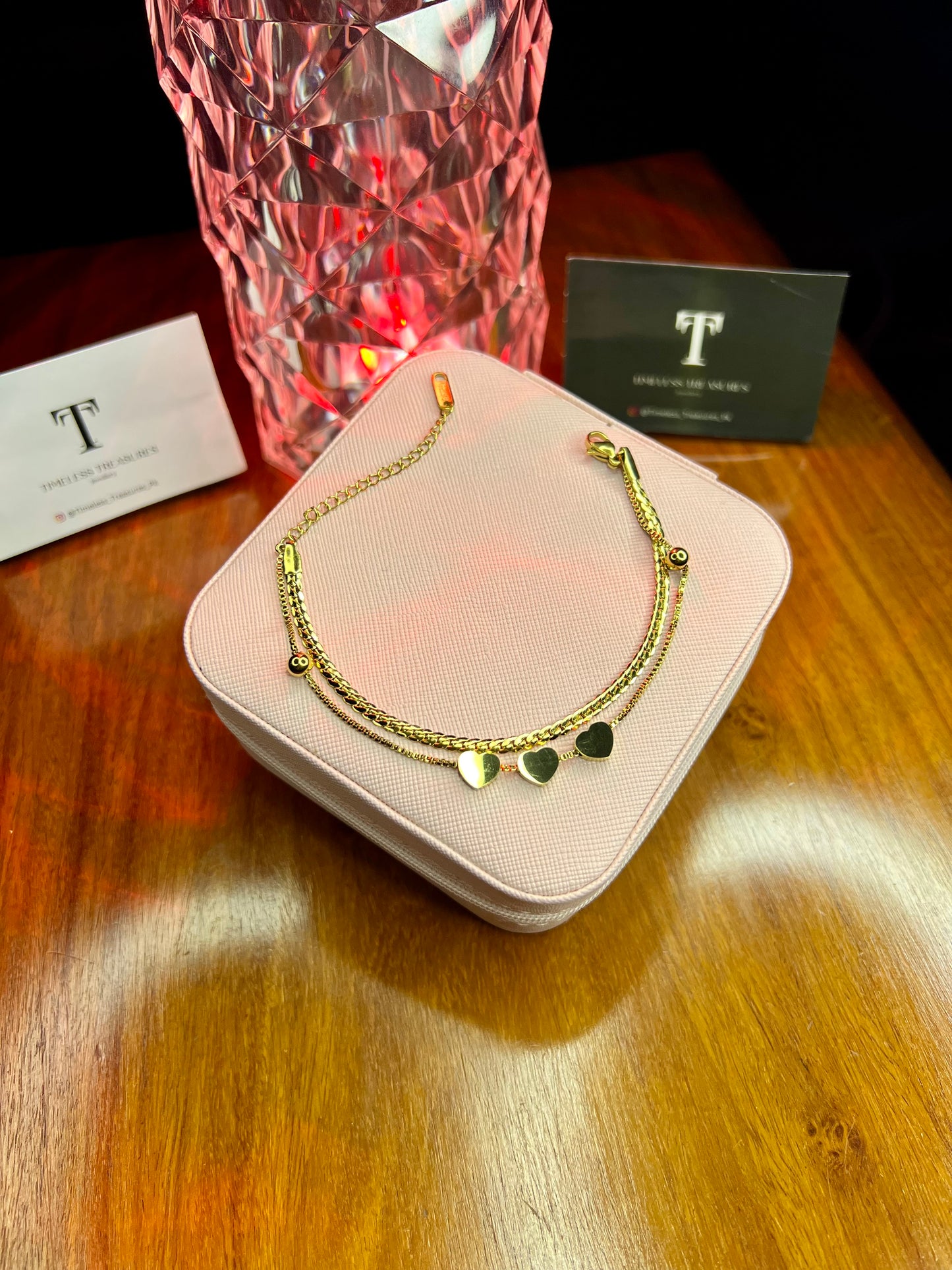 Premium Quality Stainless Steel 18k Golden Tri Heart Double Chain Luxury Bracelet