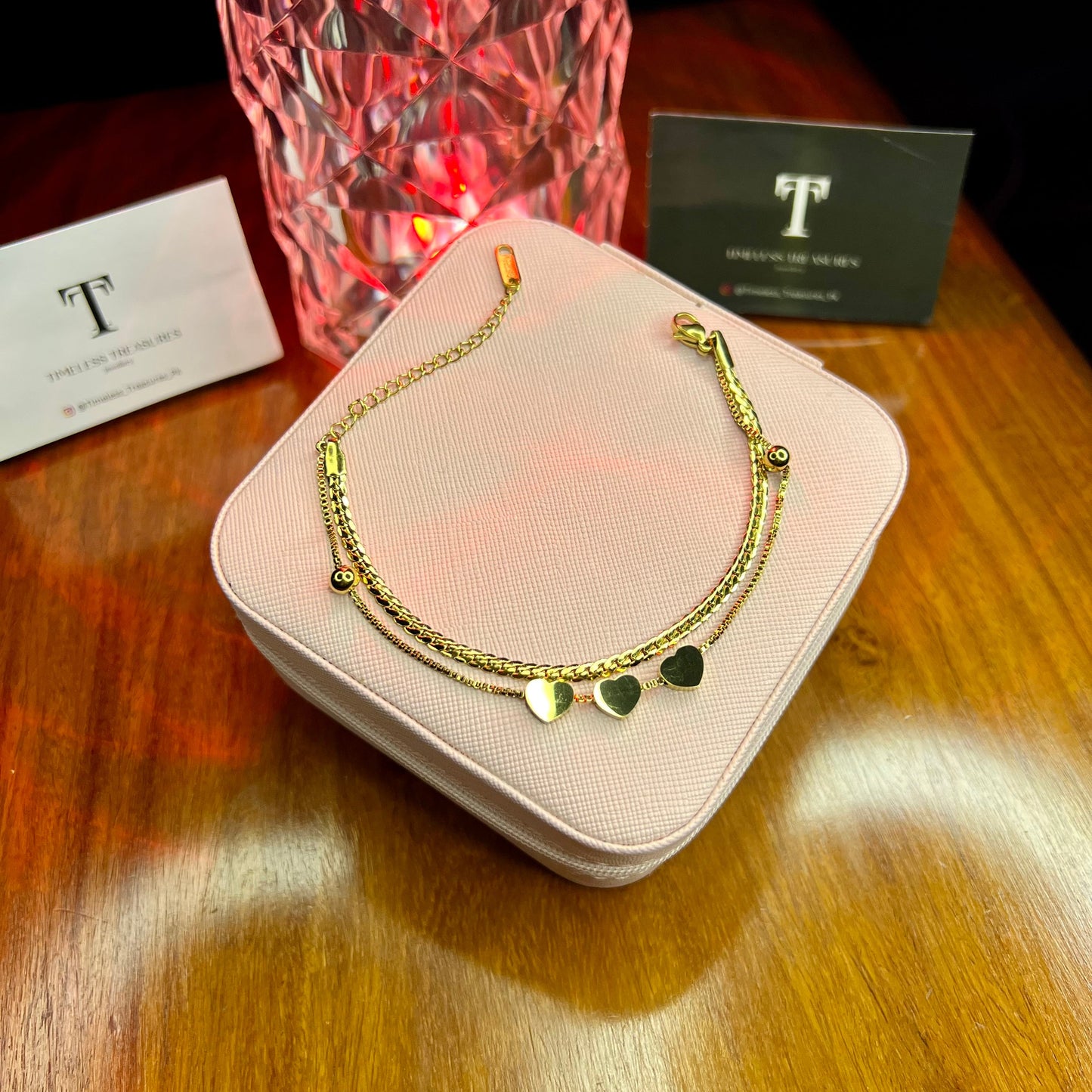 Premium Quality Stainless Steel 18k Golden Tri Heart Double Chain Luxury Bracelet