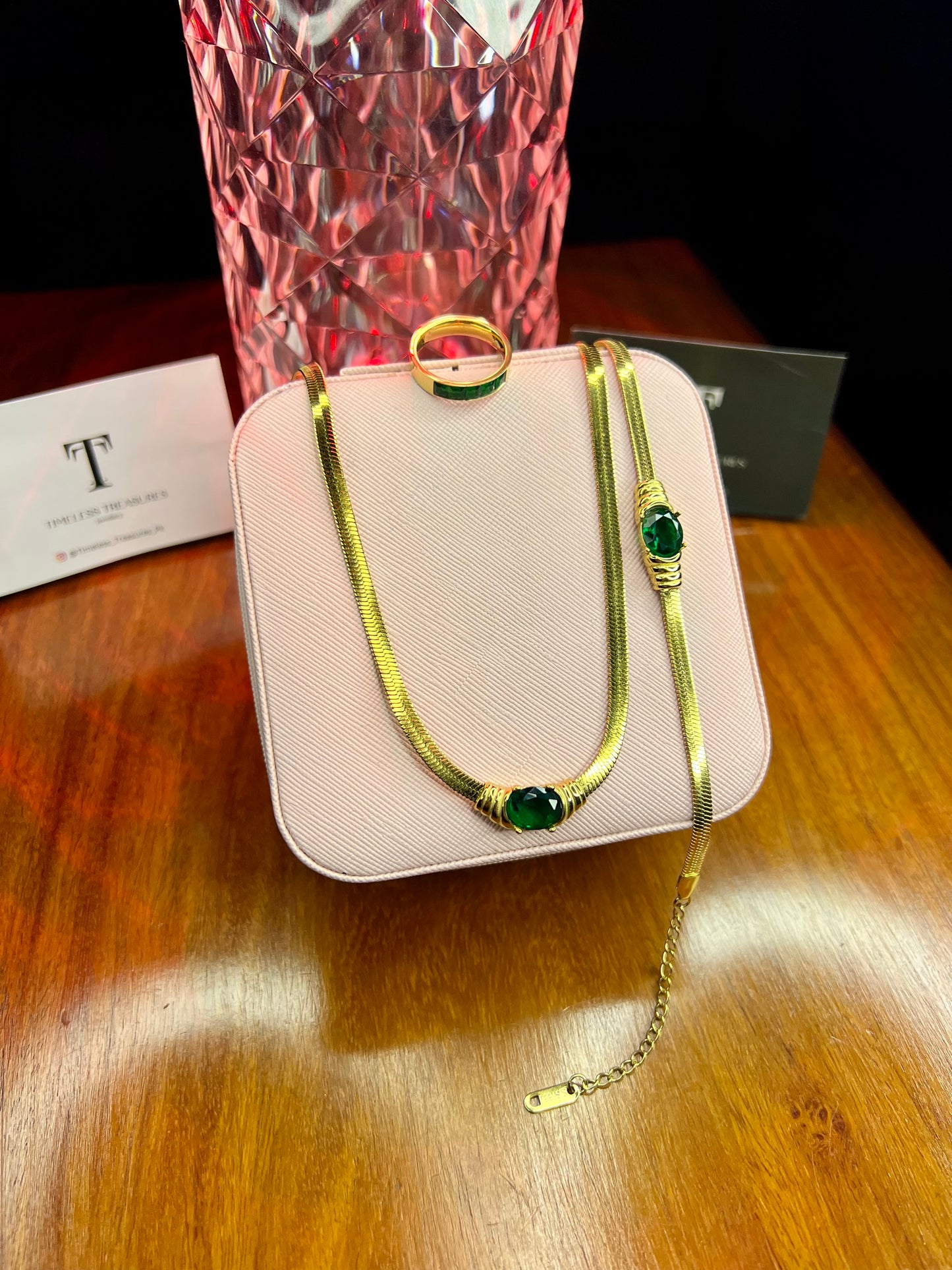 Premium Quality Stainless Steel 18k Green Stone 3pc Set