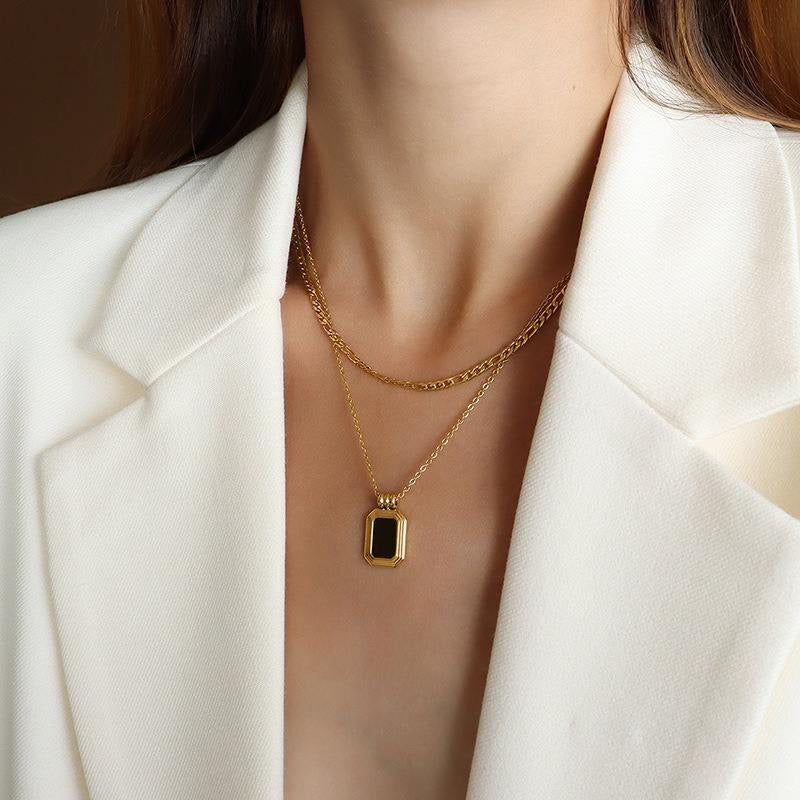 Premium Quality Stainless Steel 18k Double Chain Black Shell Necklace