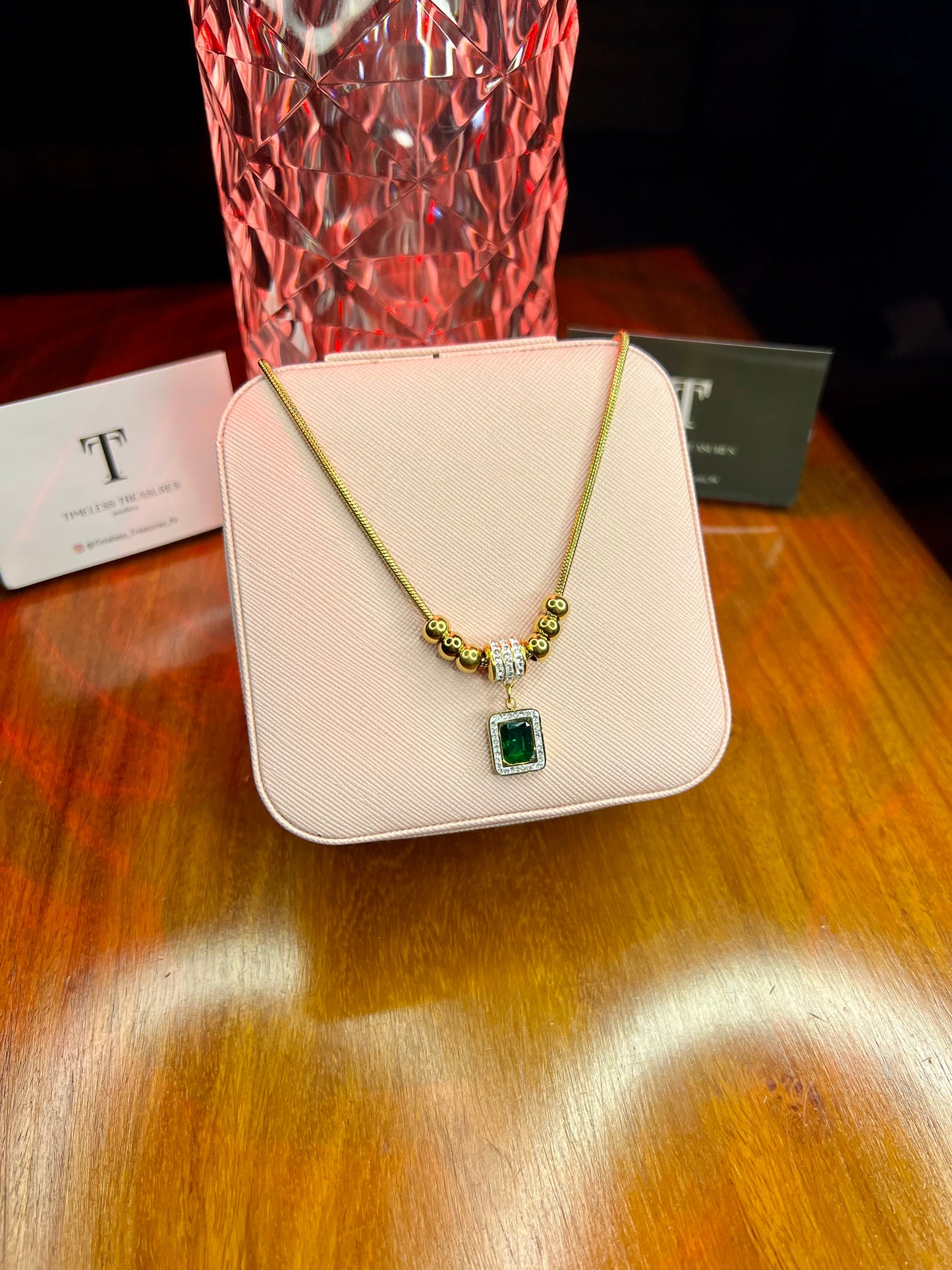 Premium Quality Stainless Steel 18k Green Stone Luxury Necklace