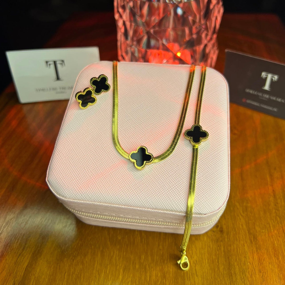 Premium Quality Stainless Steel 18k Black Clover Snake Chain 3pc Set