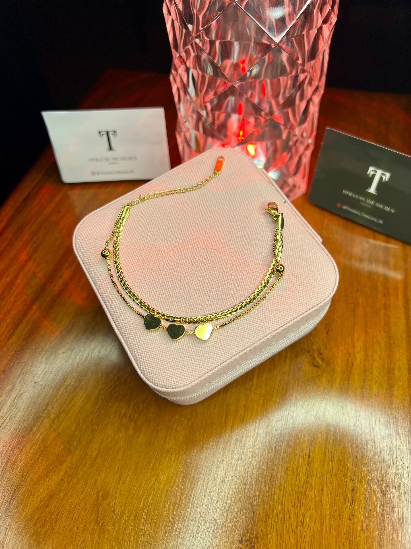 Premium Quality Stainless Steel 18k Golden Tri Heart Double Chain Luxury Bracelet