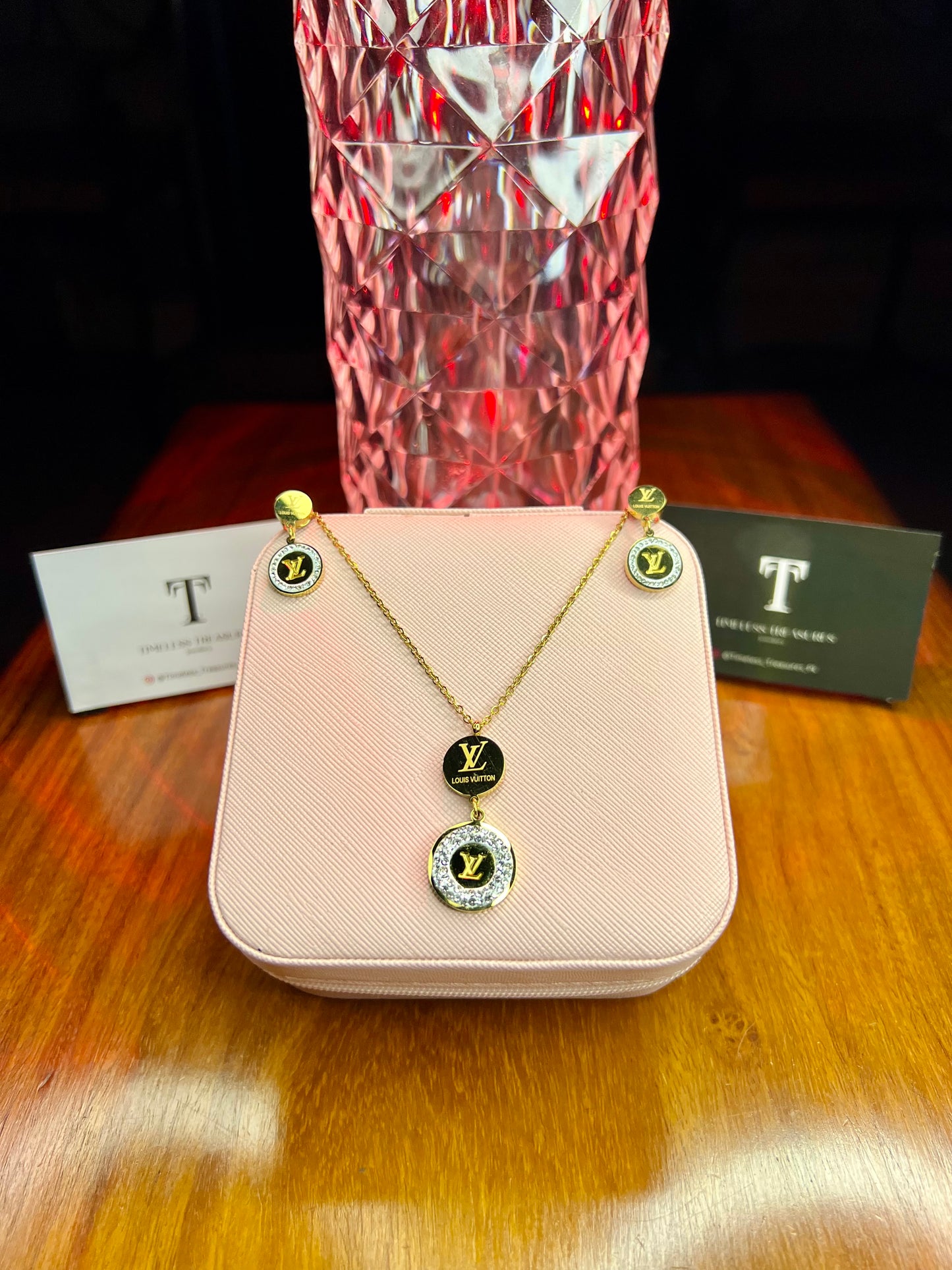 Premium Quality Stainless Steel 18k Lv Zircon Necklace Earring Set