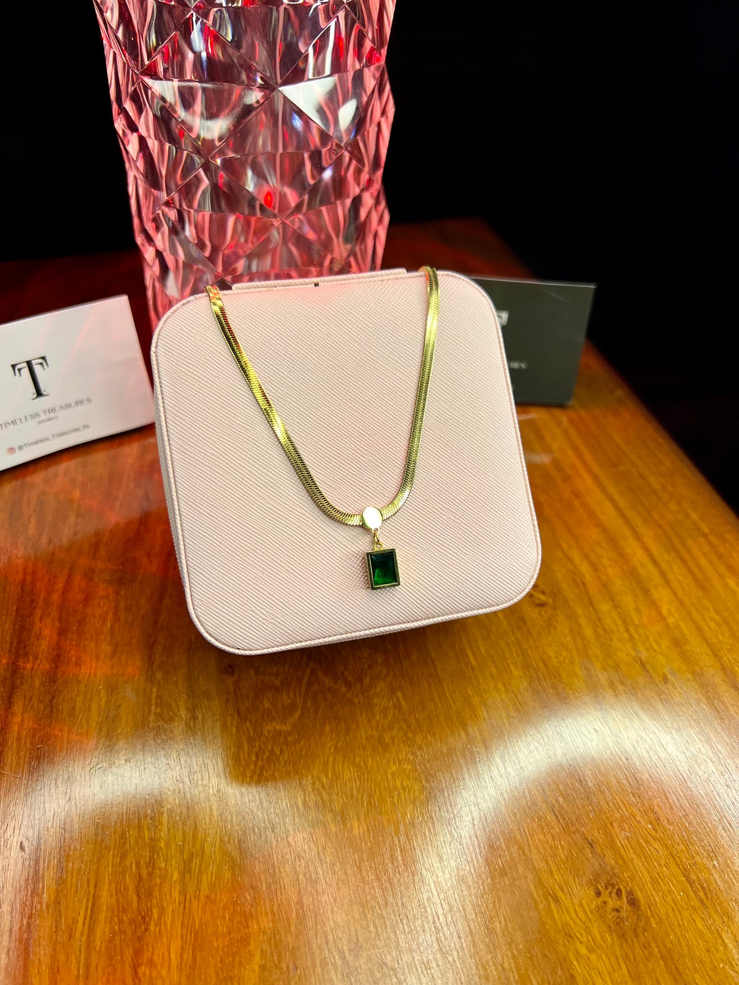 Premium Quality Stainless Steel 18k Green Stone Snake Chain Necklace