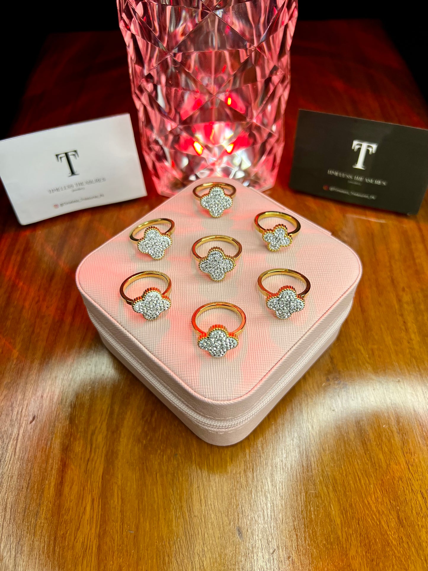 Premium Quality Stainless Steel 18k Silver Clover Diamantés Ring