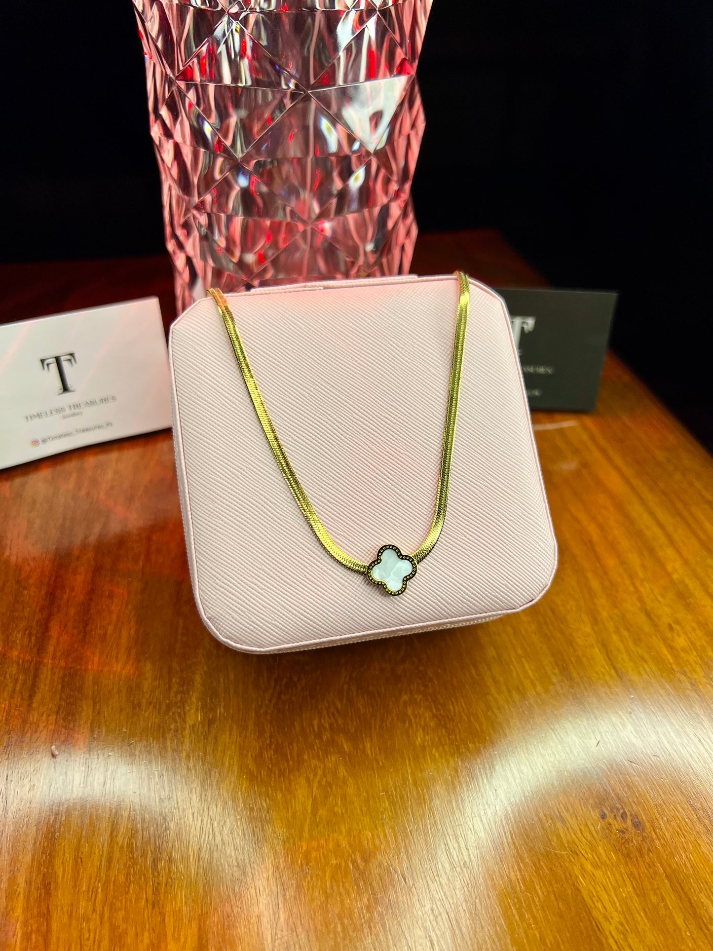 Premium Quality Stainless Steel 18k White Clover Snake Chain Necklace