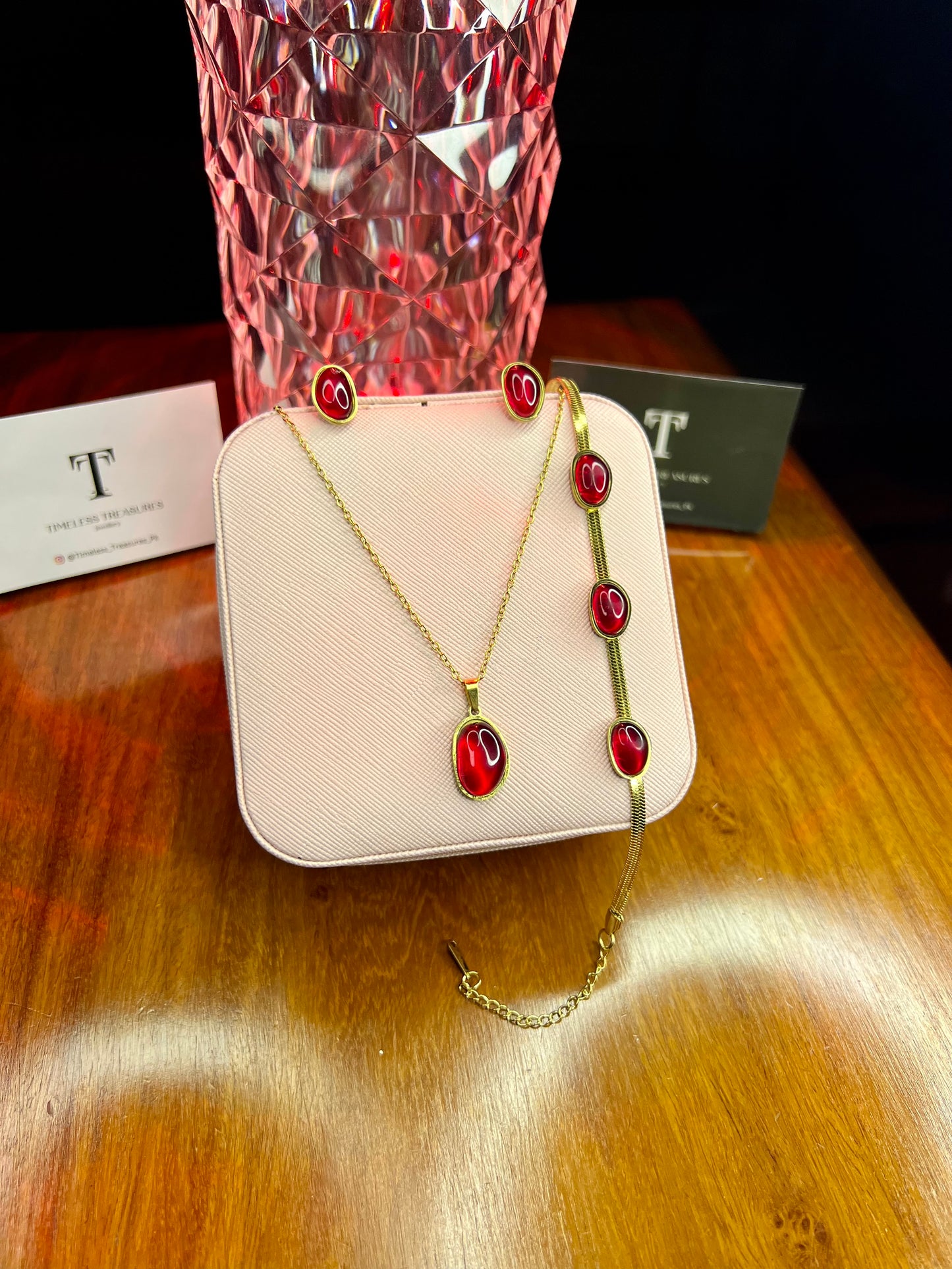 Premium Quality Stainless Steel 18k Red Stone 3pc Set