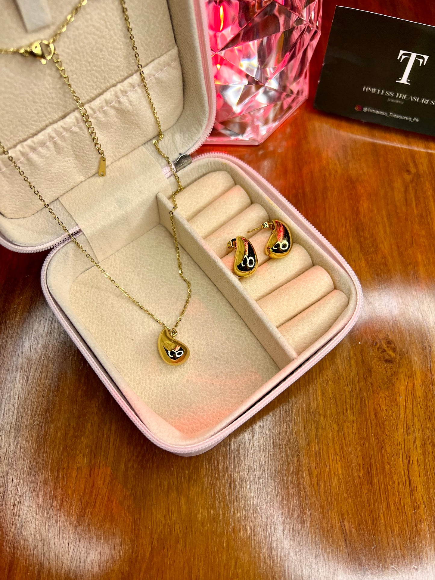 Premium Quality Stainless Steel 18k Drop Necklace Earring Set