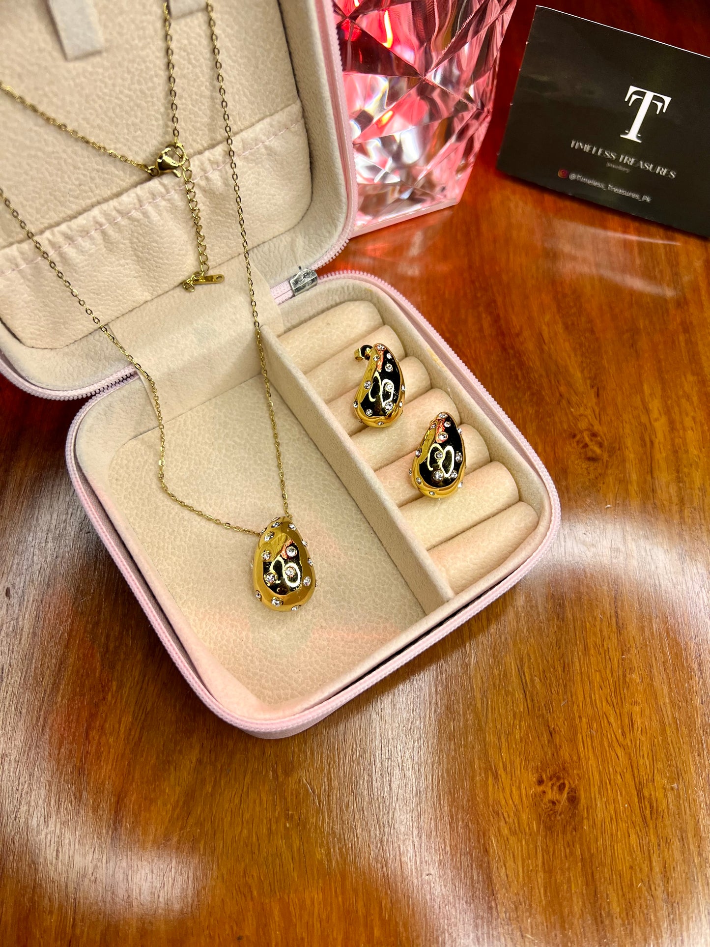 Premium Quality Stainless Steel 18k Drop Zircon Necklace Earring Set