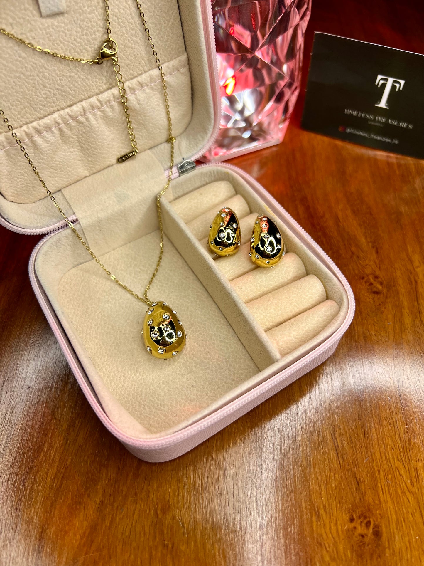 Premium Quality Stainless Steel 18k Drop Zircon Necklace Earring Set