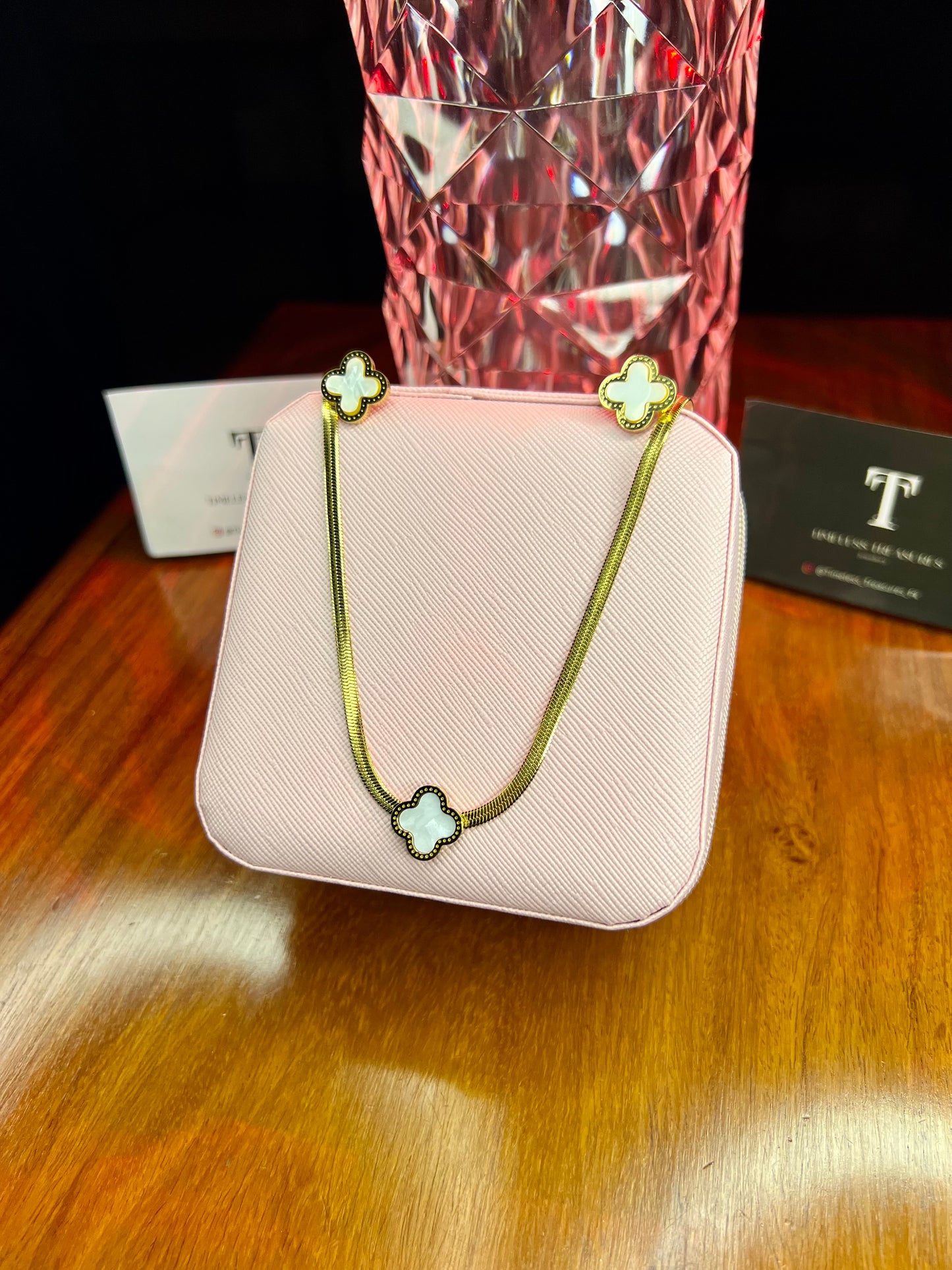 Premium Quality Stainless Steel 18k White Clover Necklace Earring Set