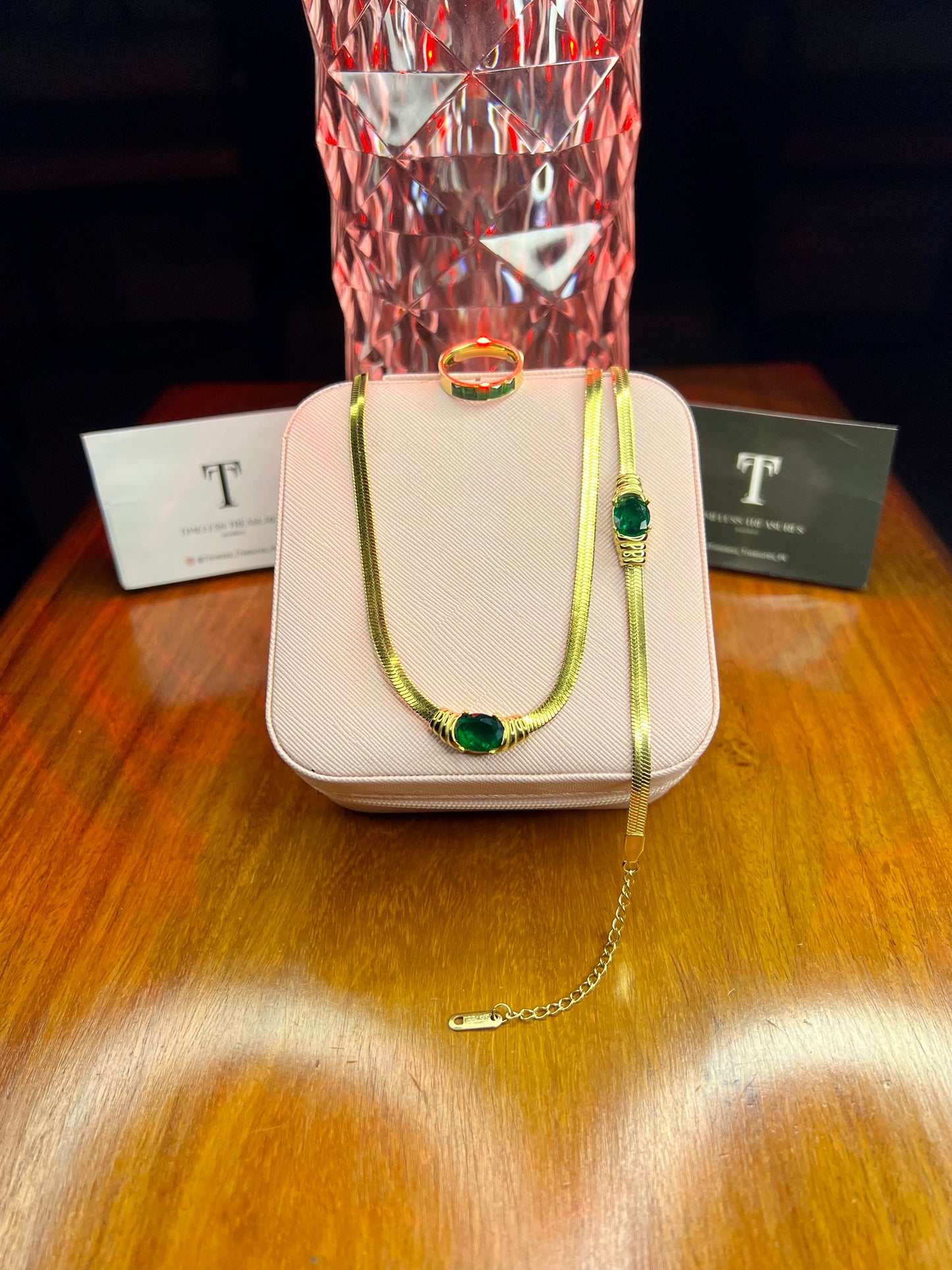 Premium Quality Stainless Steel 18k Green Stone 3pc Set