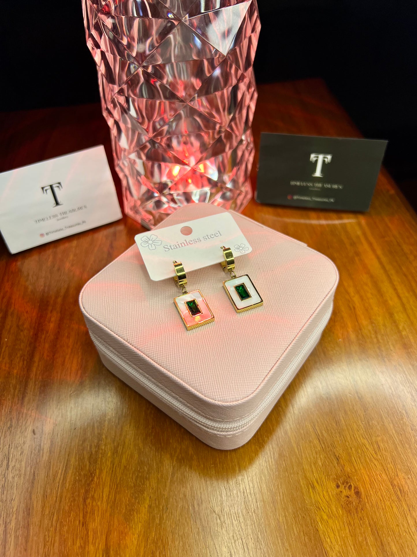 Premium Quality Stainless Steel 18k White n Green Drop Earrings