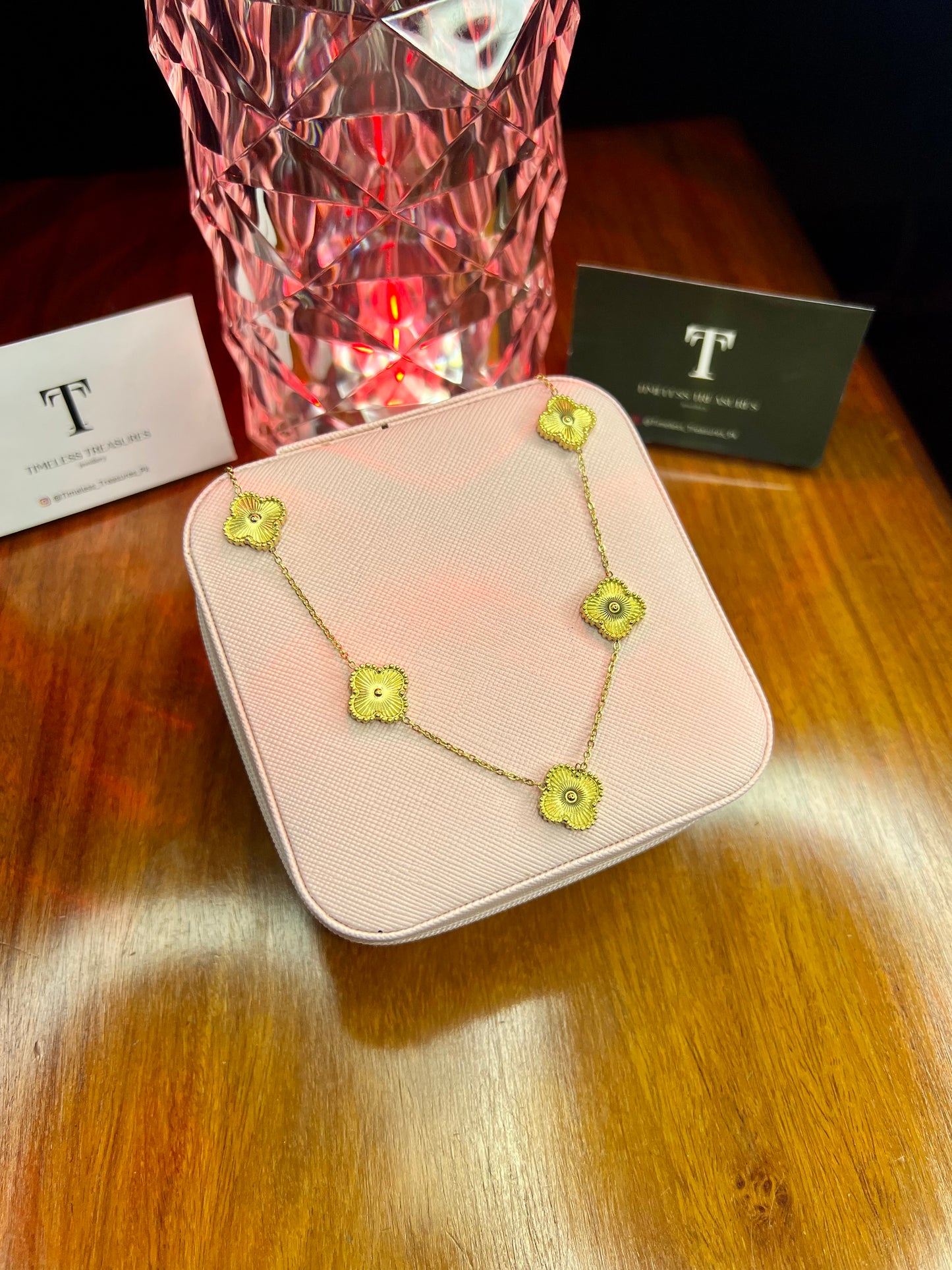 Premium Quality Stainless Steel 18k Golden Clover 5 Motifs Necklace