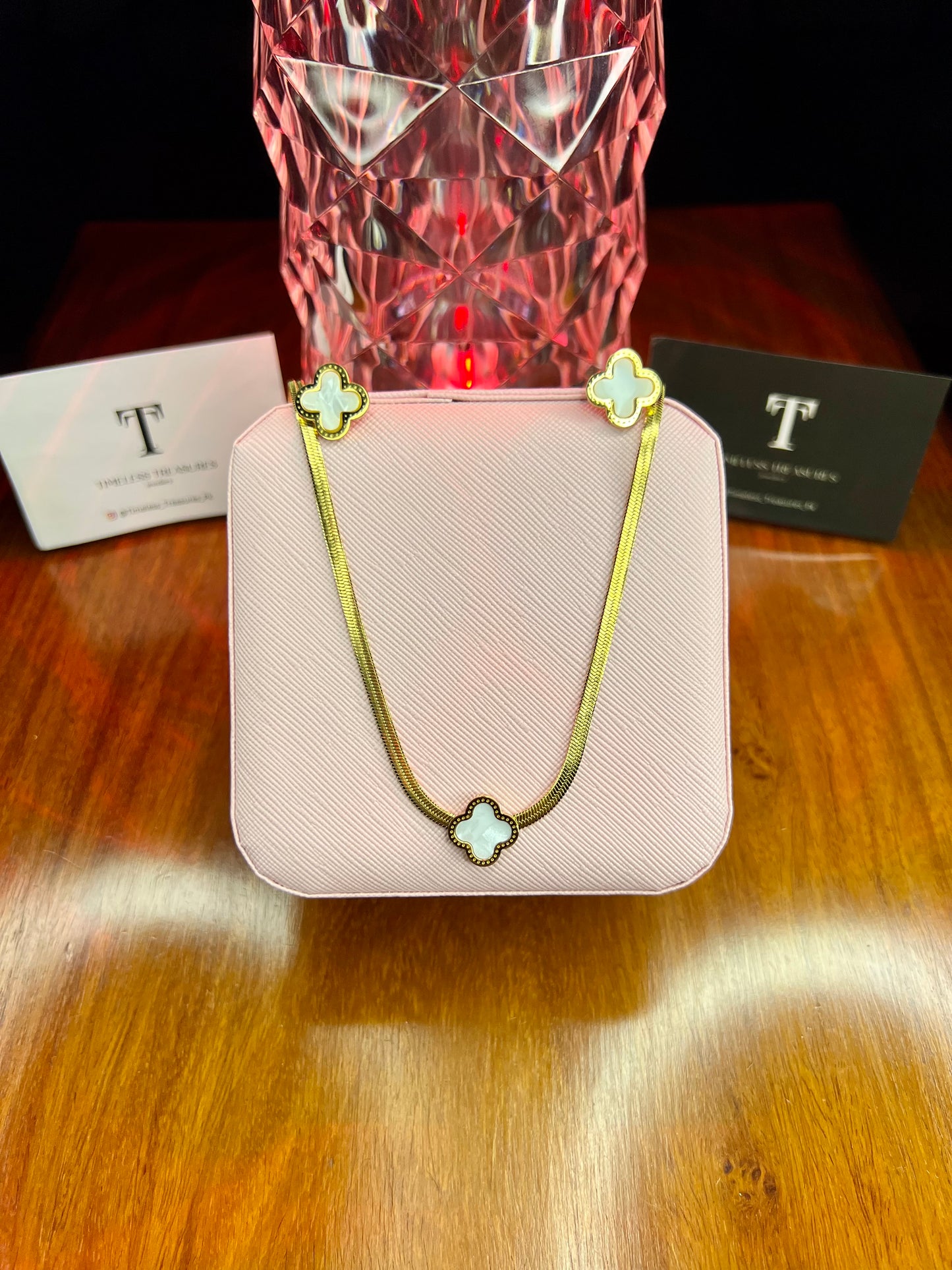 Premium Quality Stainless Steel 18k White Clover Necklace Earring Set
