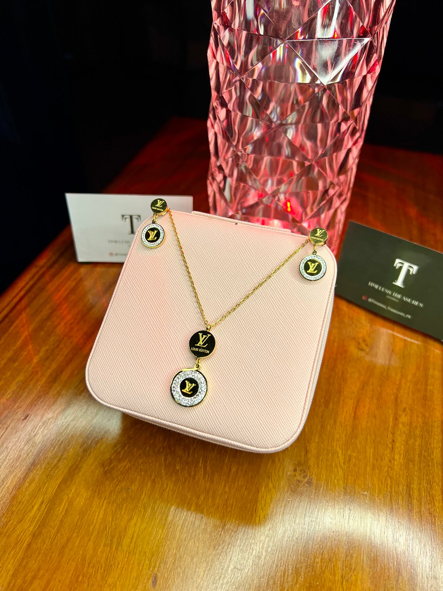 Premium Quality Stainless Steel 18k Lv Zircon Necklace Earring Set