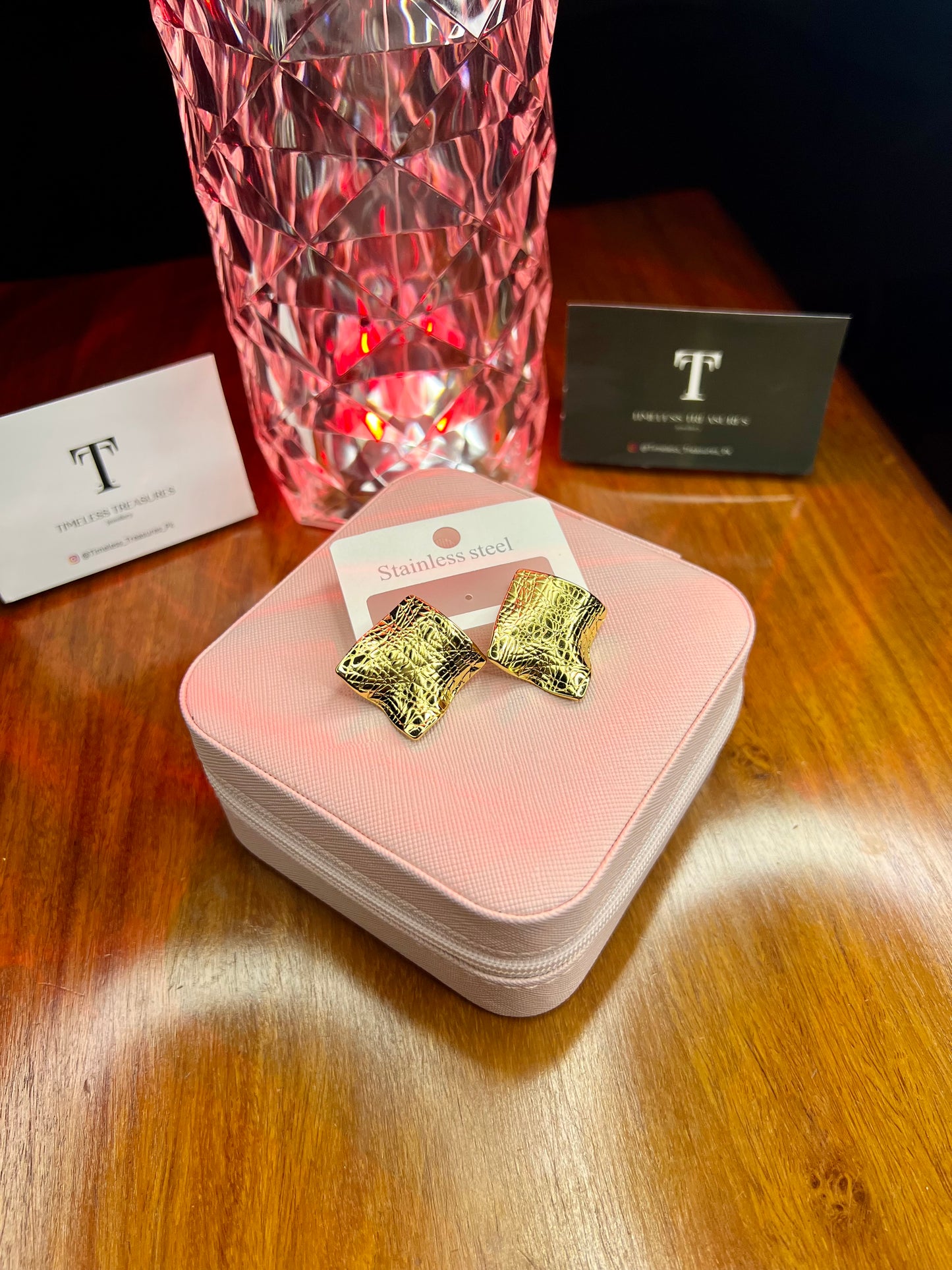 Premium Quality Stainless Steel 18k Square Shape Golden Earrings