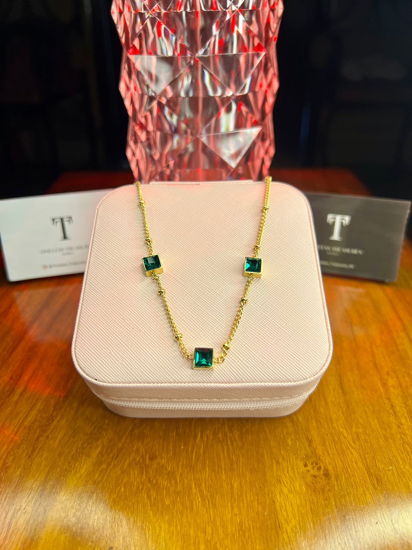 Premium Quality Stainless Steel 18k Emerald Tri Stone Necklace