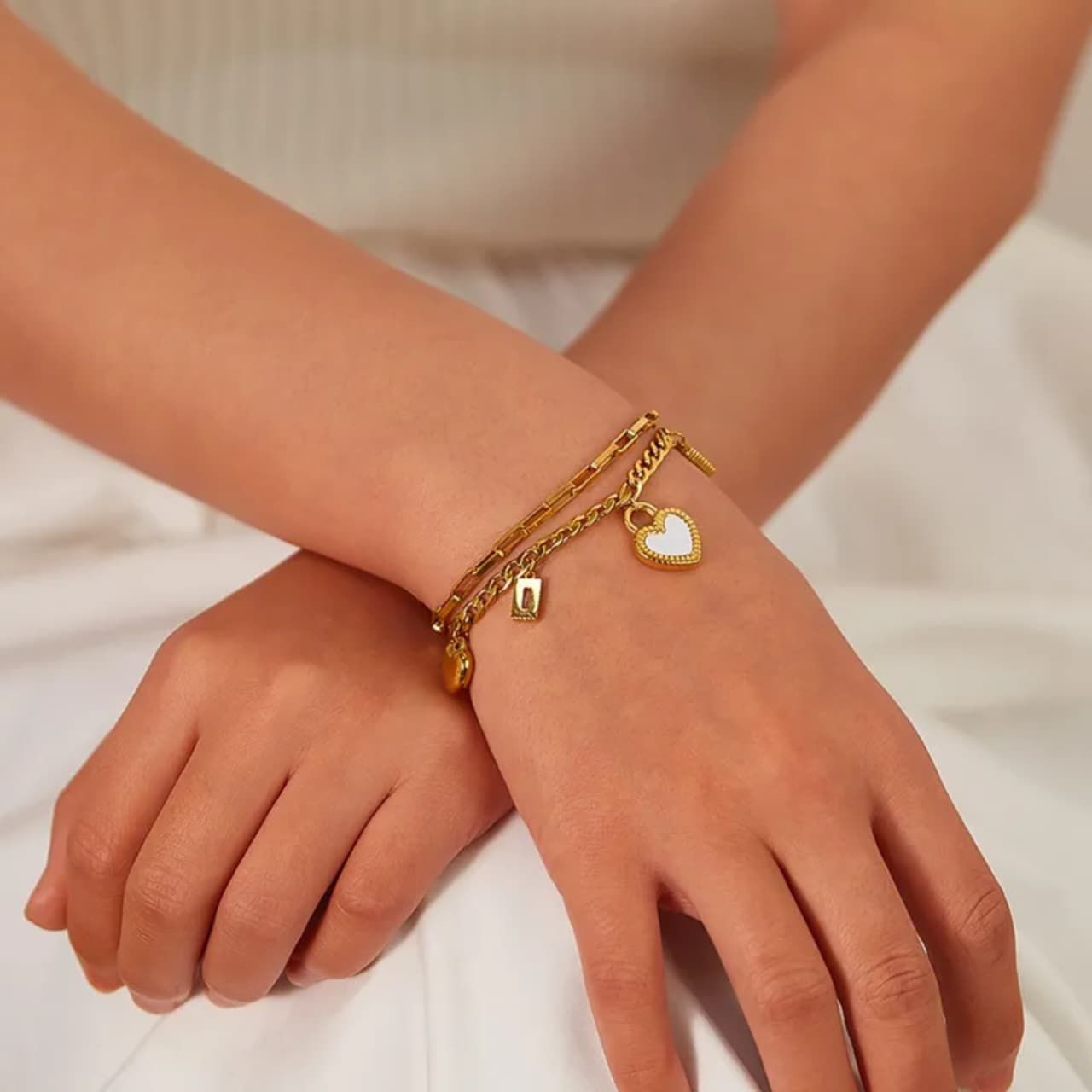 Premium Quality Stainless Steel 18k Duo Chain Luxury Heart Bracelet