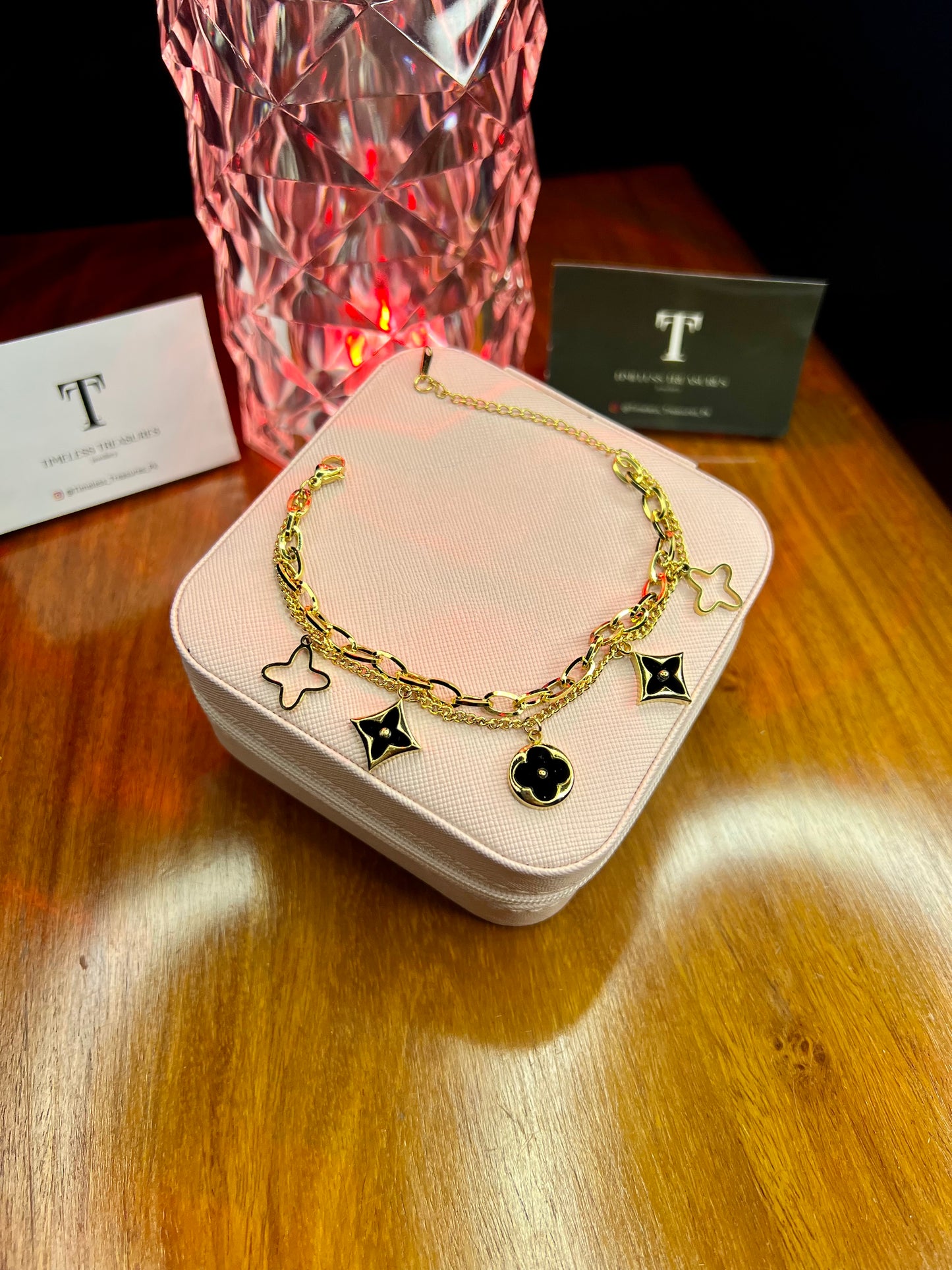 Premium Quality Stainless Steel 18k Black Clove Double Chain Bracelet