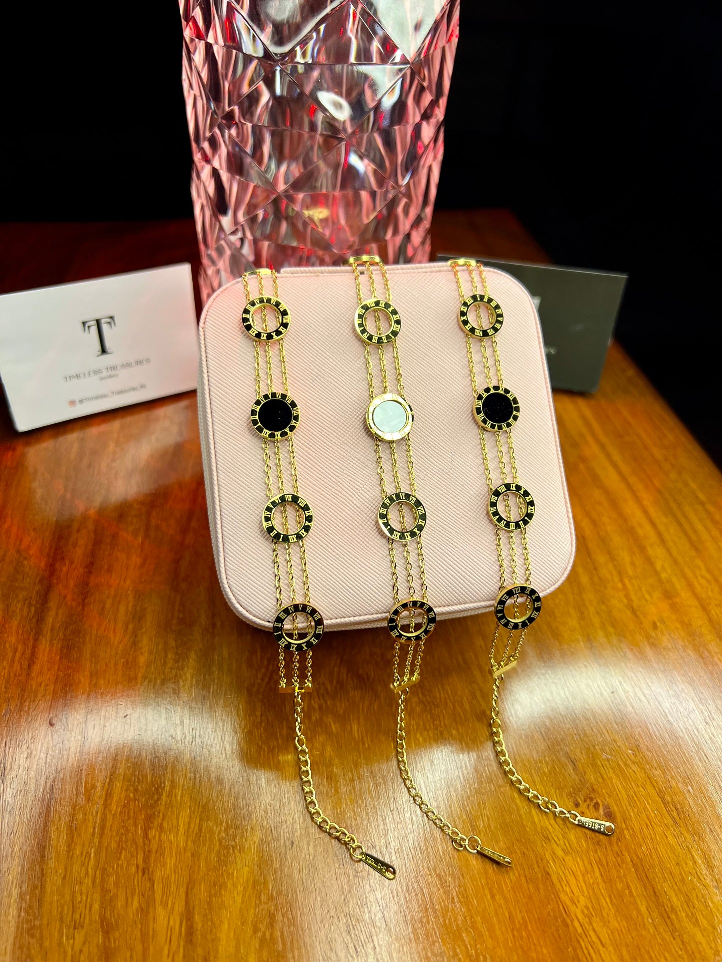 Premium Quality Stainless Steel 18k 5 Motifs Triple Layer Roman Bracelet