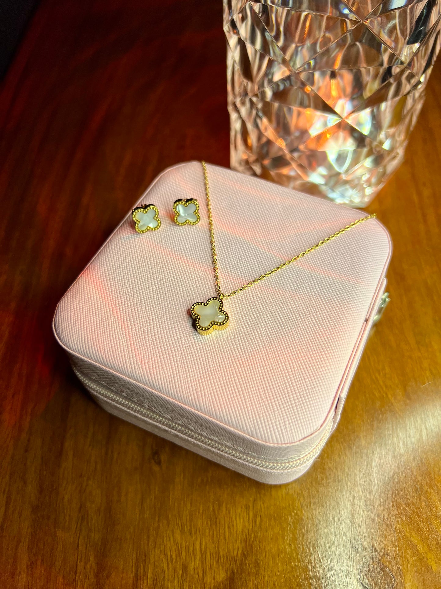Premium Quality Stainless Steel 18k White Clover Necklace Earring Set