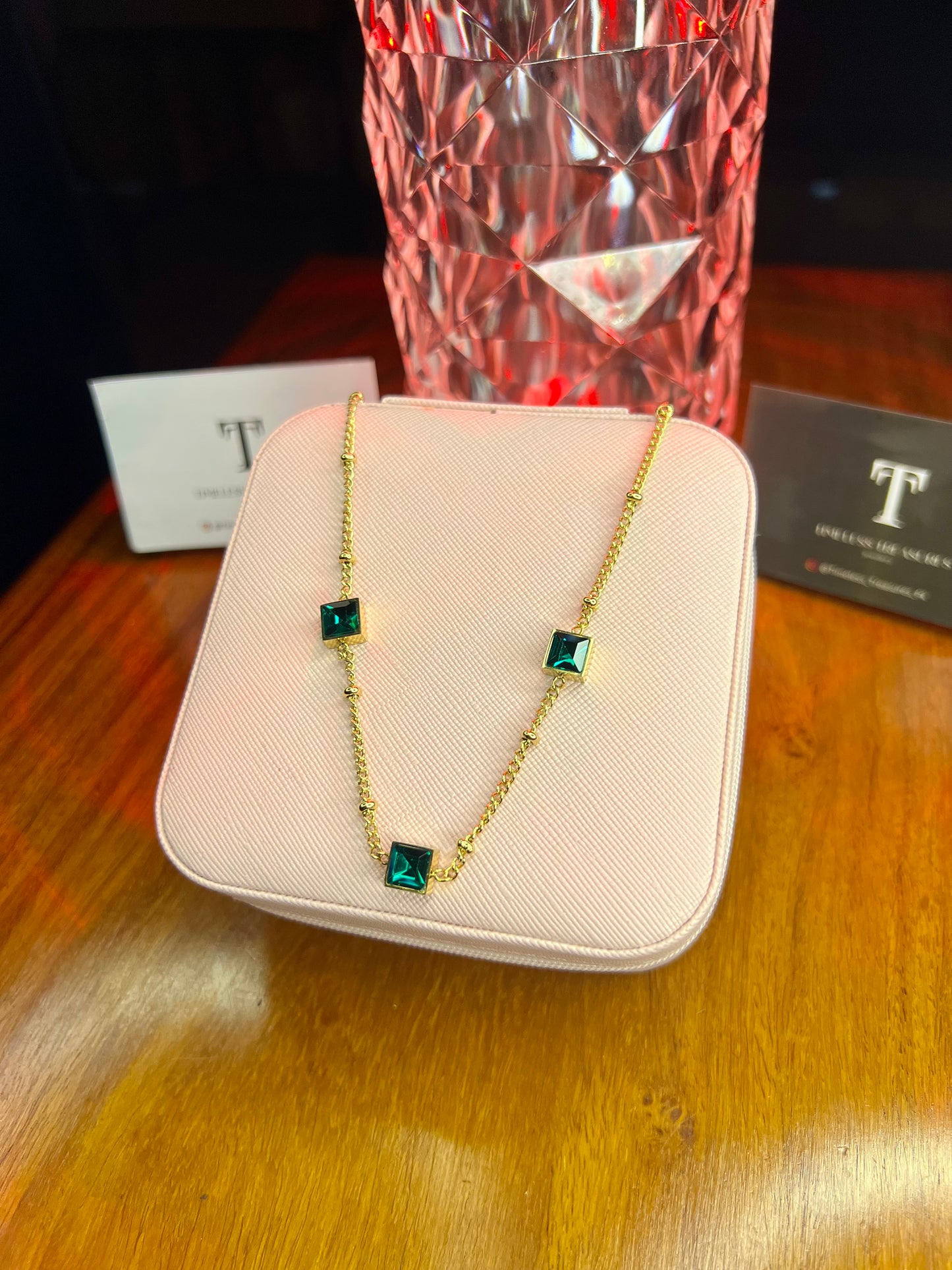 Premium Quality Stainless Steel 18k Emerald Tri Stone Necklace