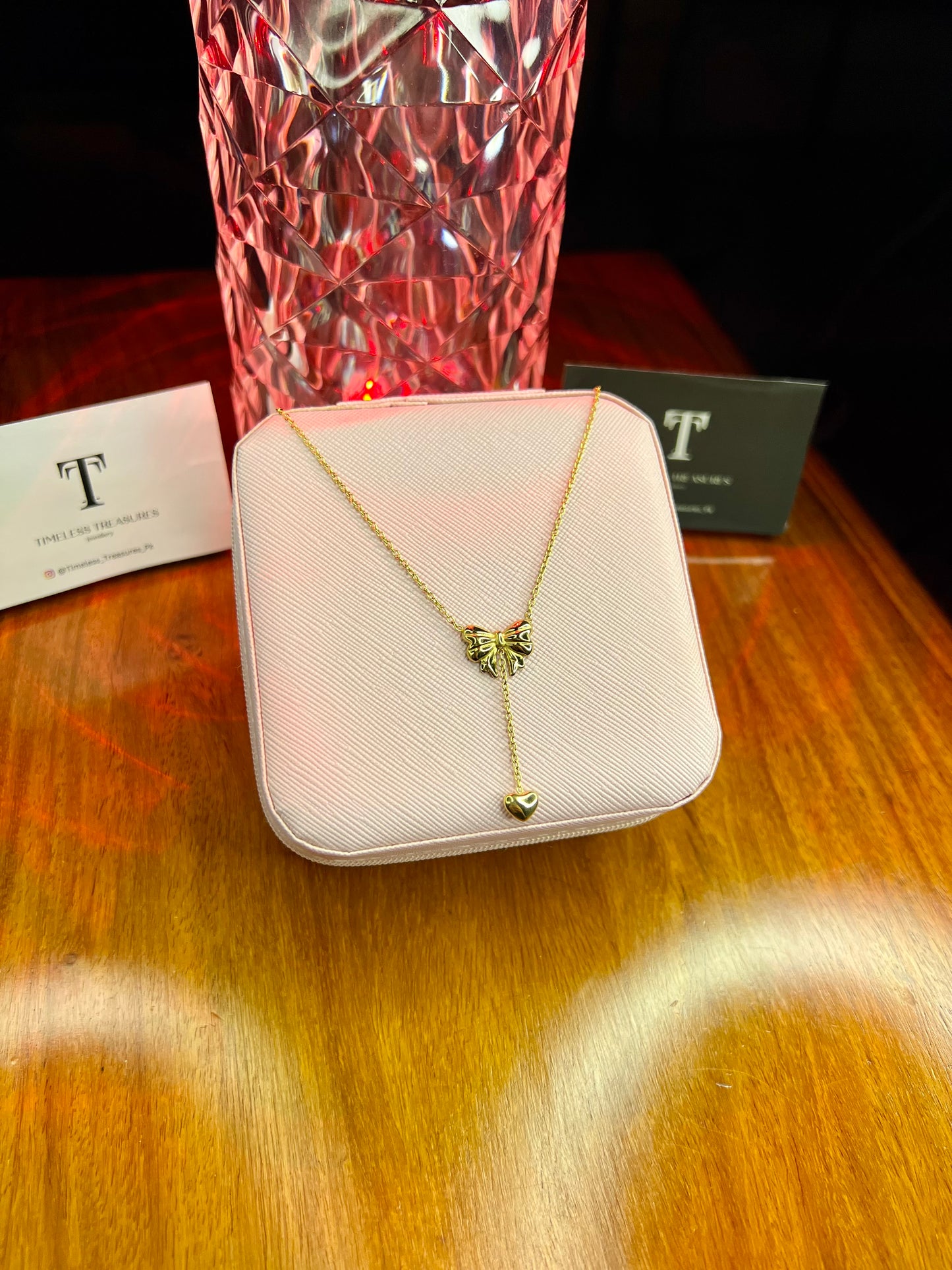 Premium Quality Stainless Steel 18k Drop Heart Bow Necklace