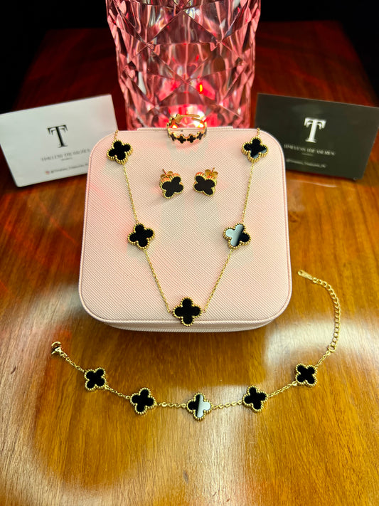 Premium Quality Stainless Steel 18k Black Clover 4pc Set