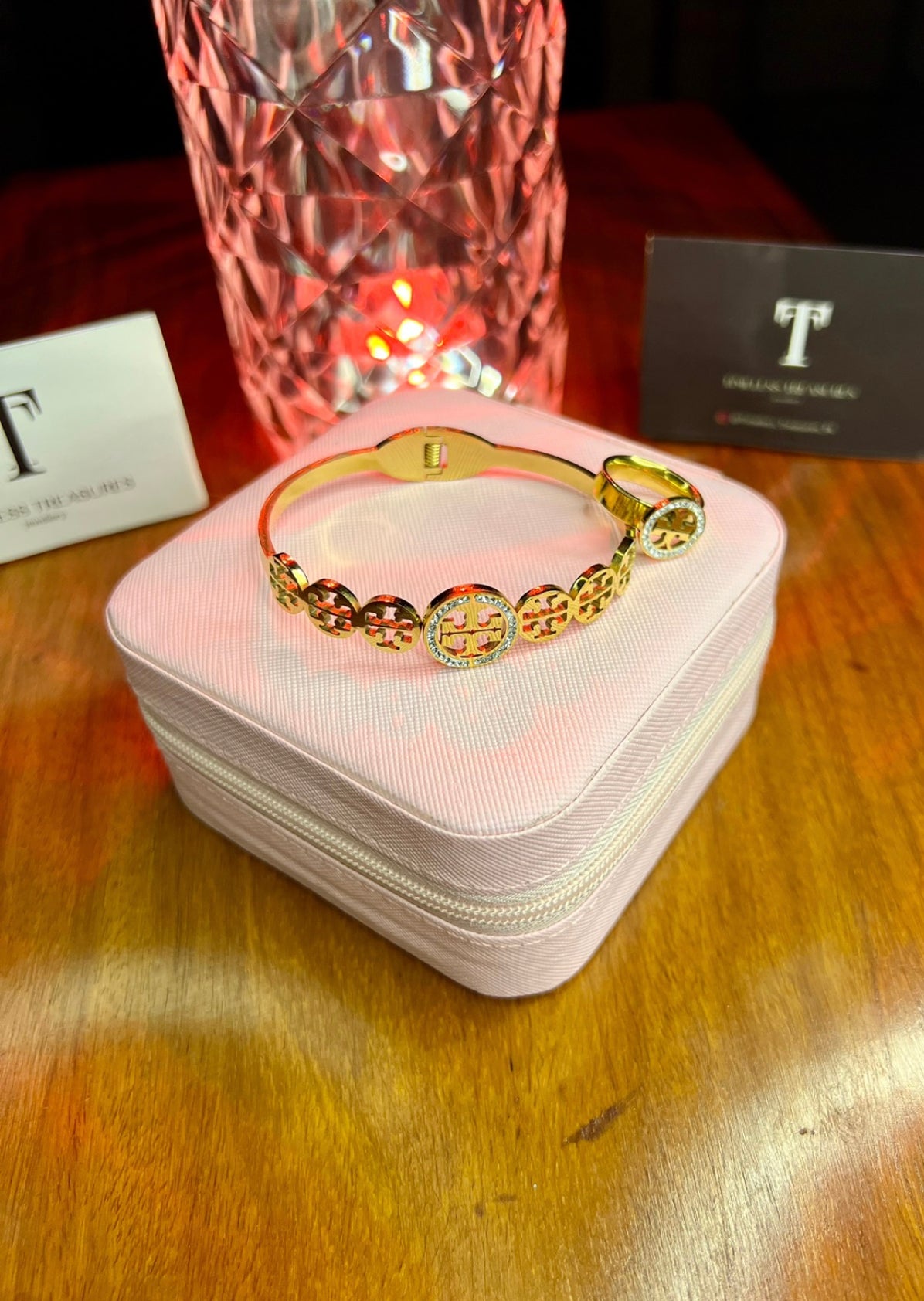 Premium Quality Stainless Steel 18k Tory Classic Handcuff and Ring Set