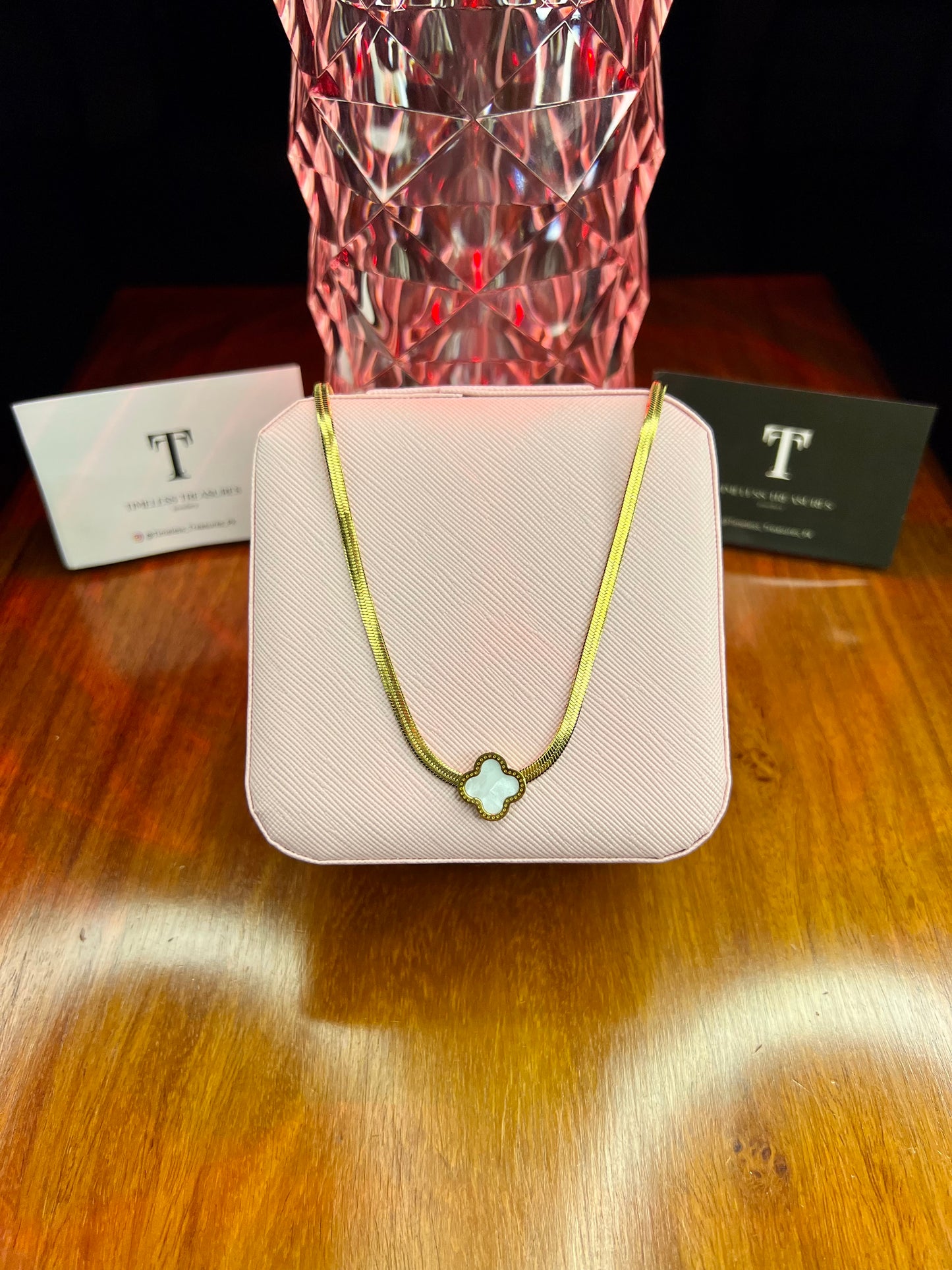 Premium Quality Stainless Steel 18k White Clover Snake Chain Necklace