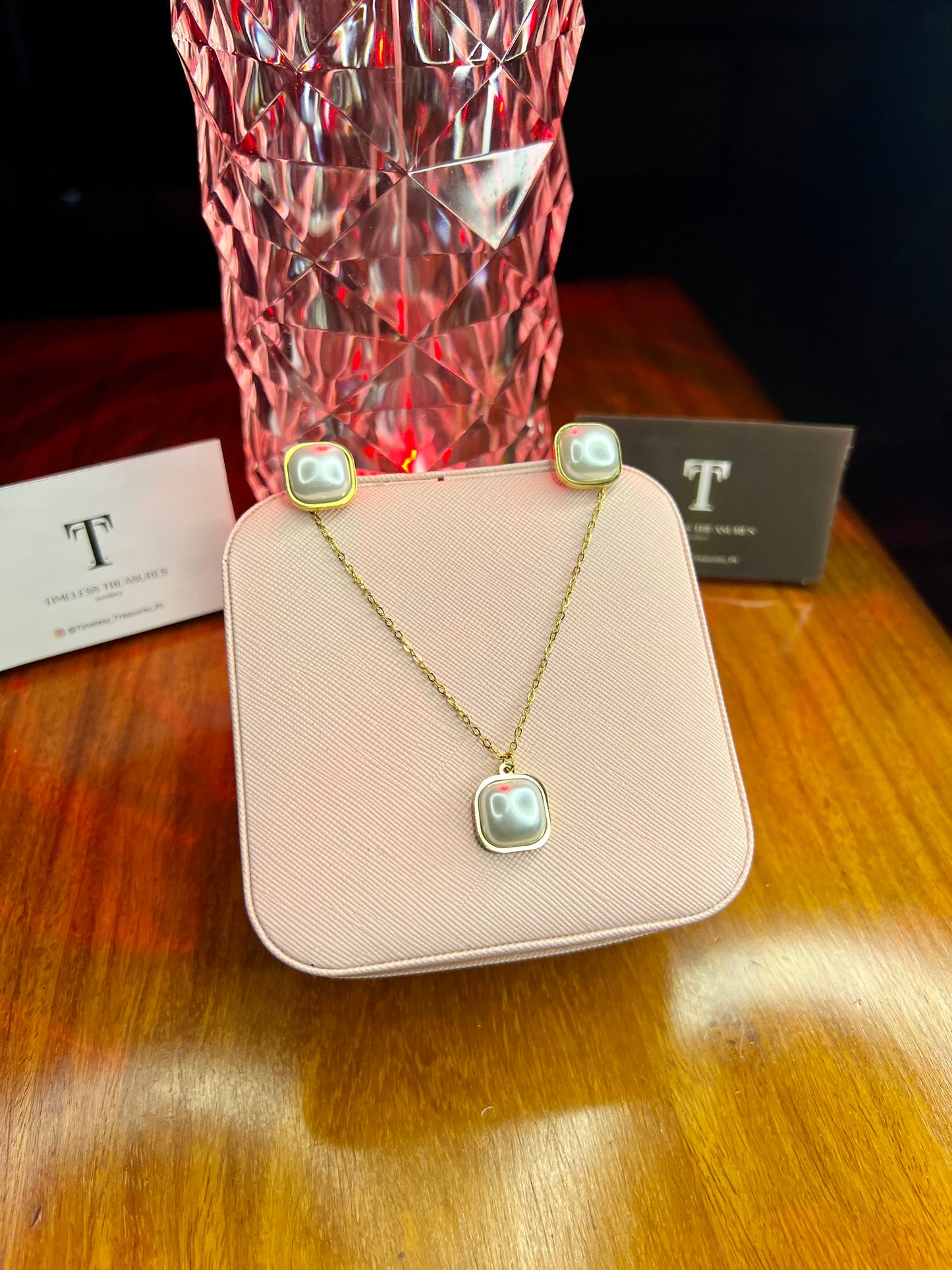 Premium Quality Stainless Steel 18k Pearl Necklace Earring Set