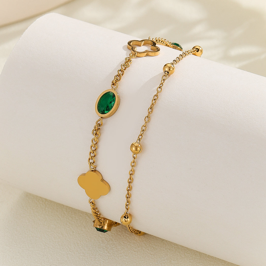 Premium Quality Stainless Steel 18k Double Chain Green Stone Clove Bracelet
