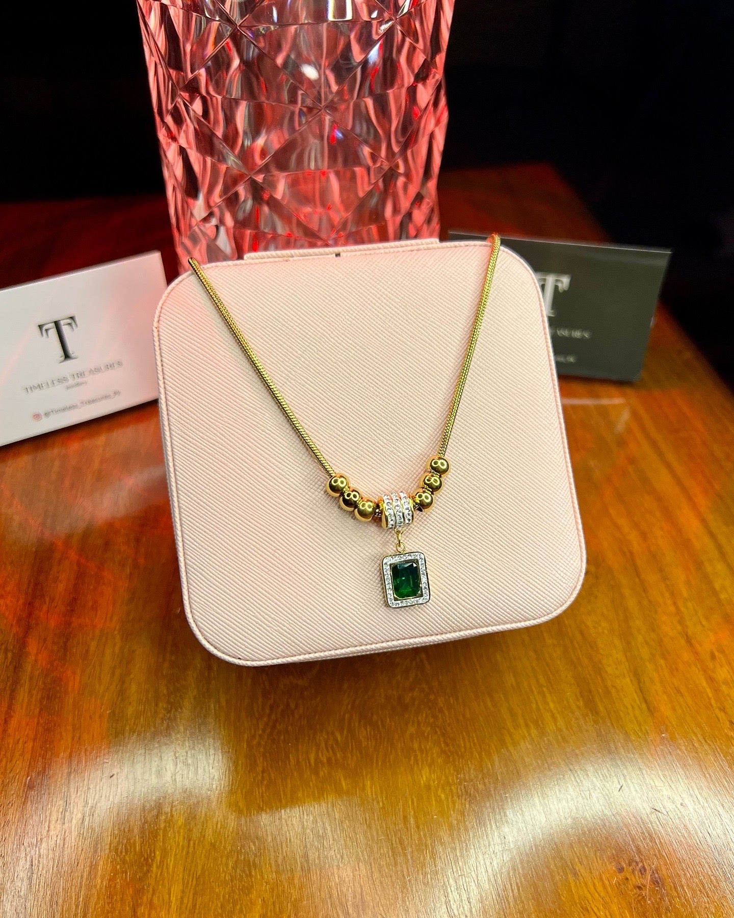 Premium Quality Stainless Steel 18k Green Stone Luxury Necklace