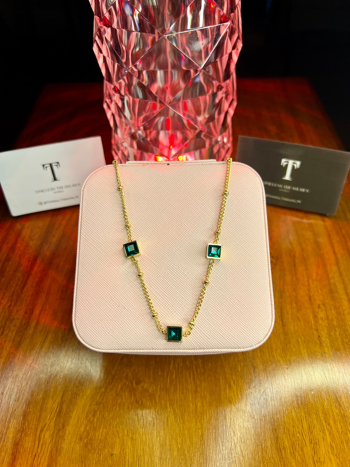 Premium Quality Stainless Steel 18k Emerald Tri Stone Necklace