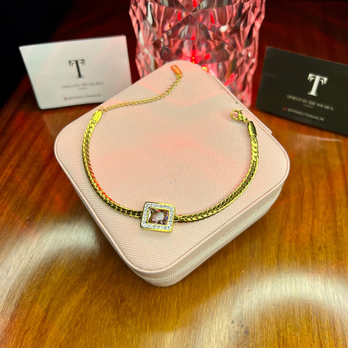 Premium Quality Stainless Steel 18k Pink Stone Chain Bracelet