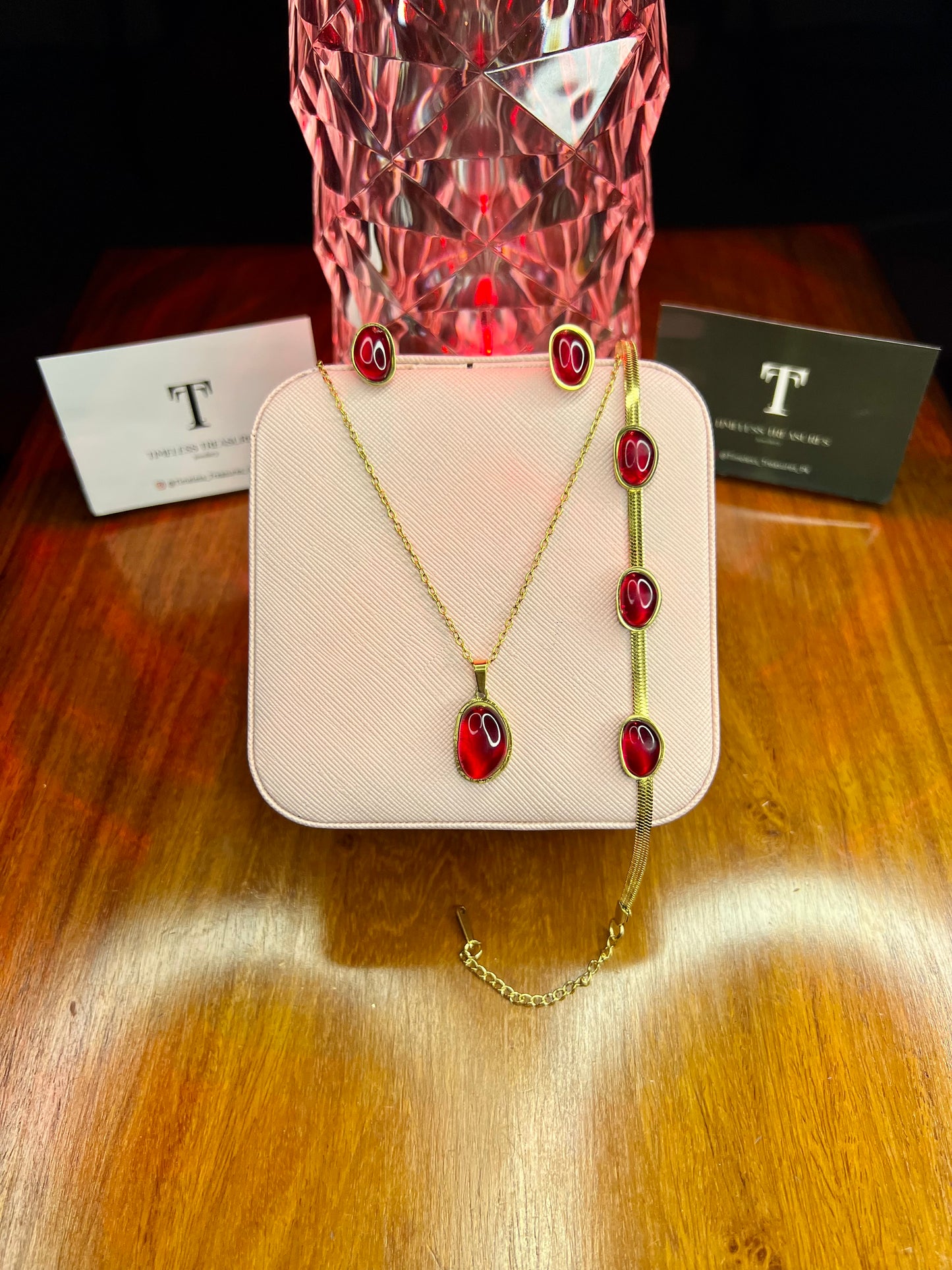 Premium Quality Stainless Steel 18k Red Stone 3pc Set