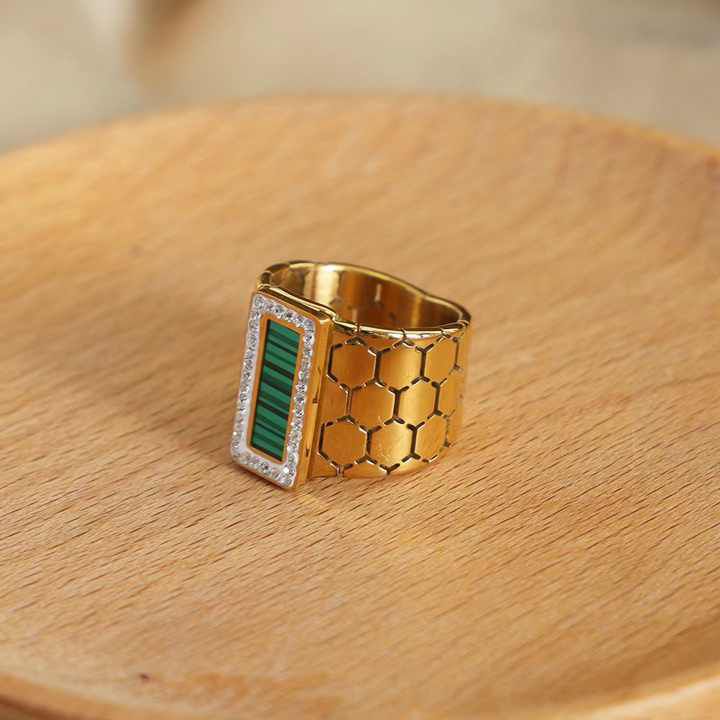 Premium Quality Stainless Steel 18k Green Enamel Hexagon Ring