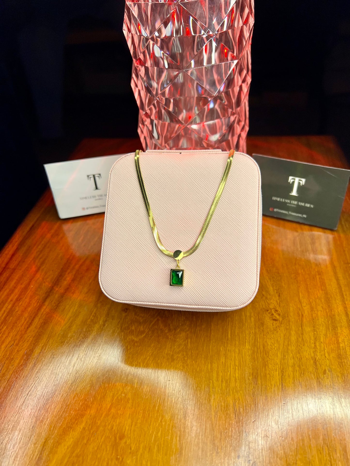 Premium Quality Stainless Steel 18k Green Stone Snake Chain Necklace