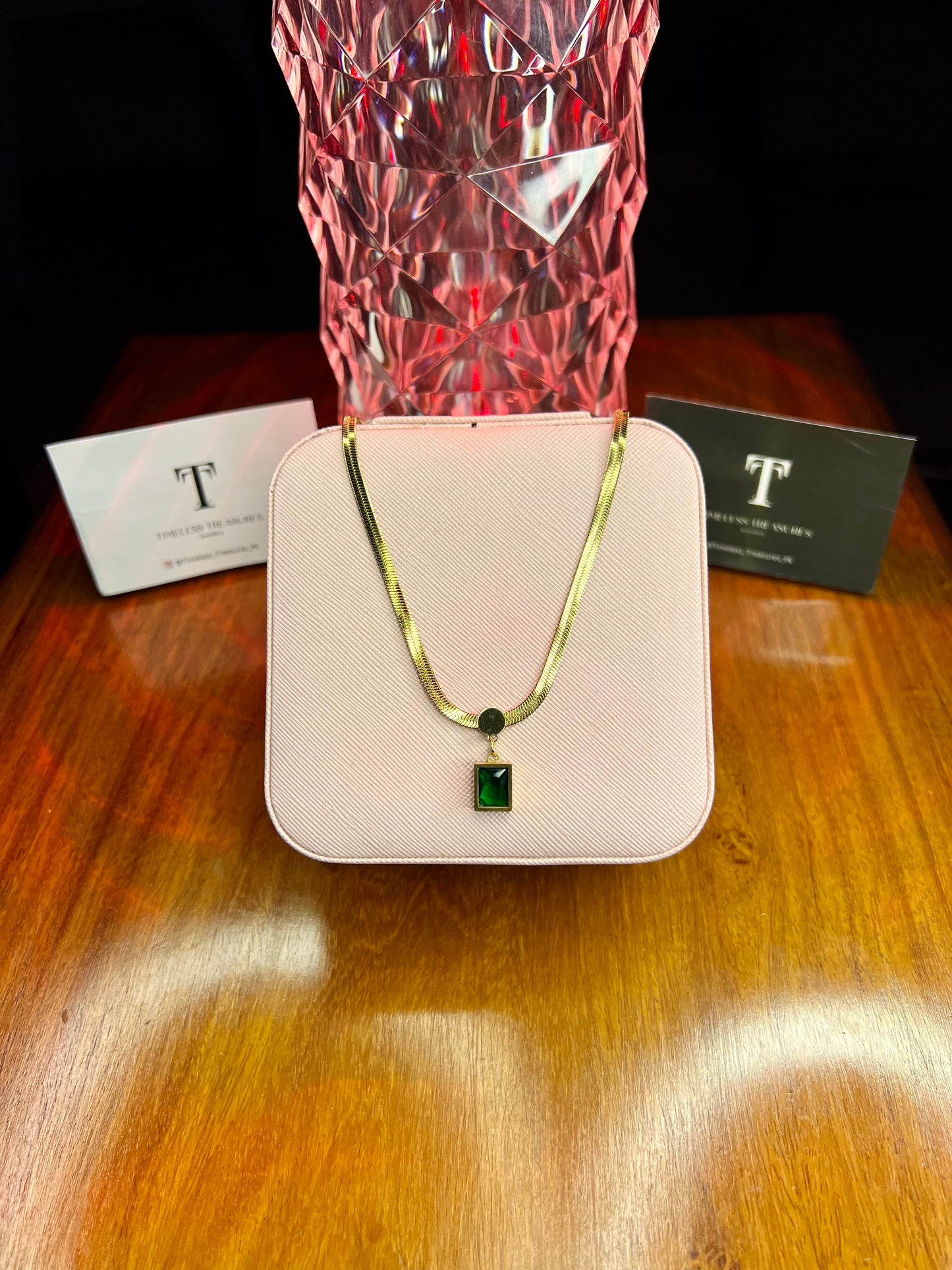 Premium Quality Stainless Steel 18k Green Stone Snake Chain Necklace