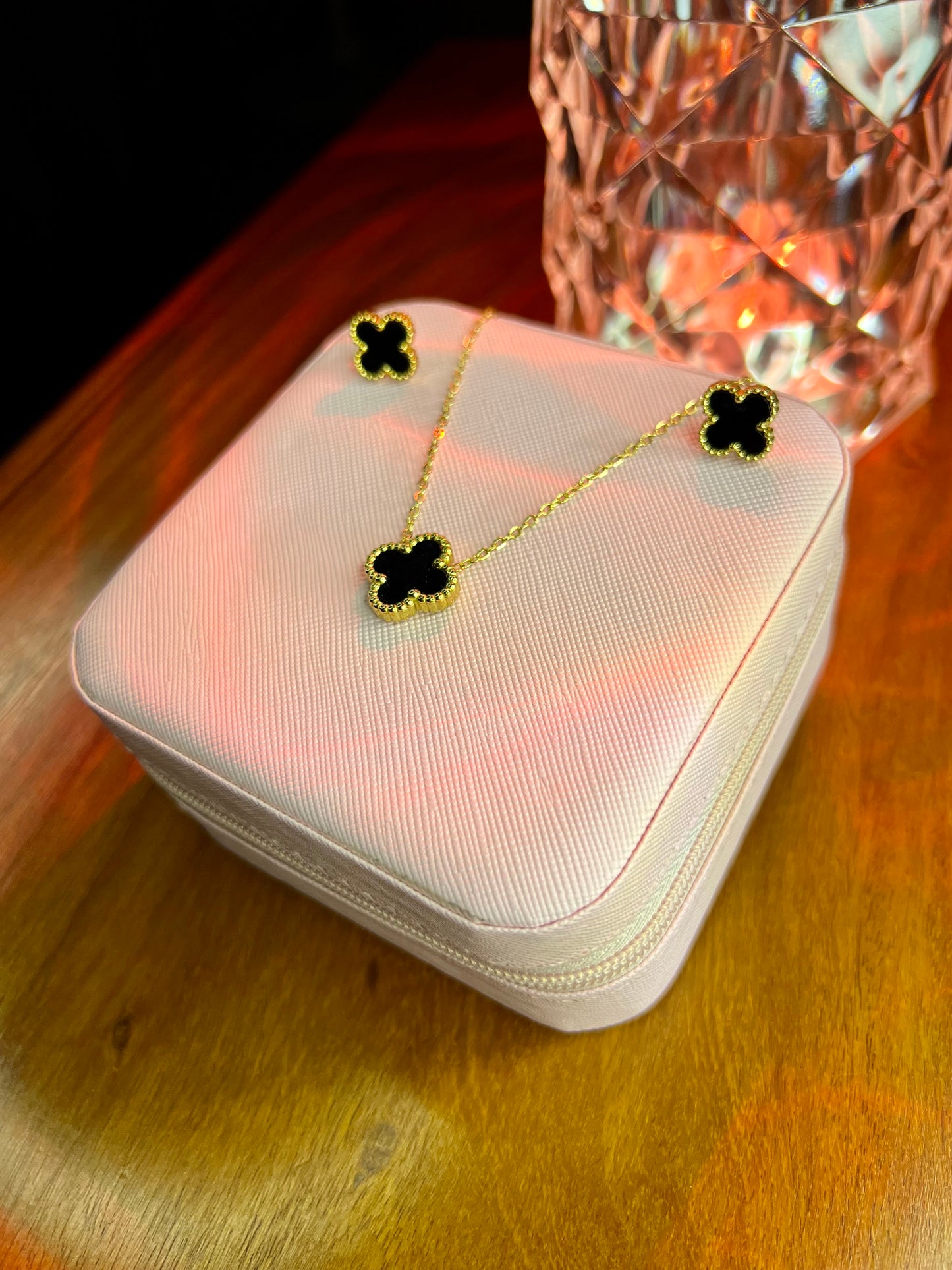 Premium Quality Stainless Steel 18k Black Clover Necklace Earring Set
