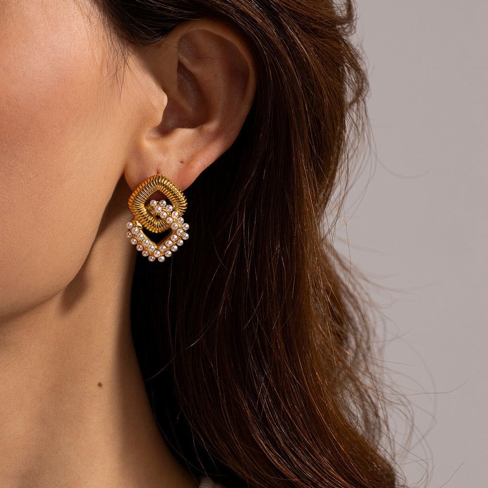 Premium Quality Stainless Steel 18k Cubic Pearl Earrings
