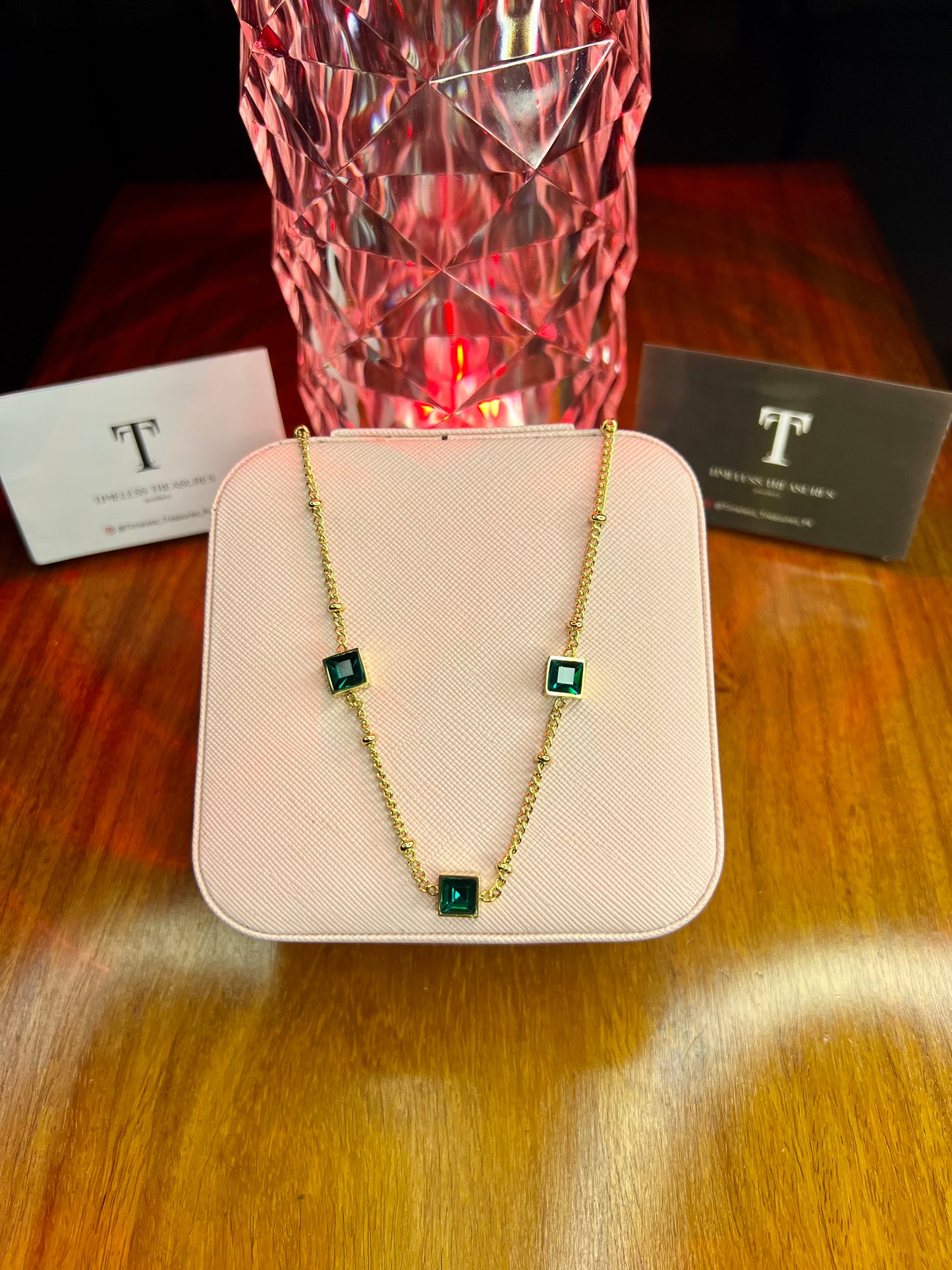 Premium Quality Stainless Steel 18k Emerald Tri Stone Necklace