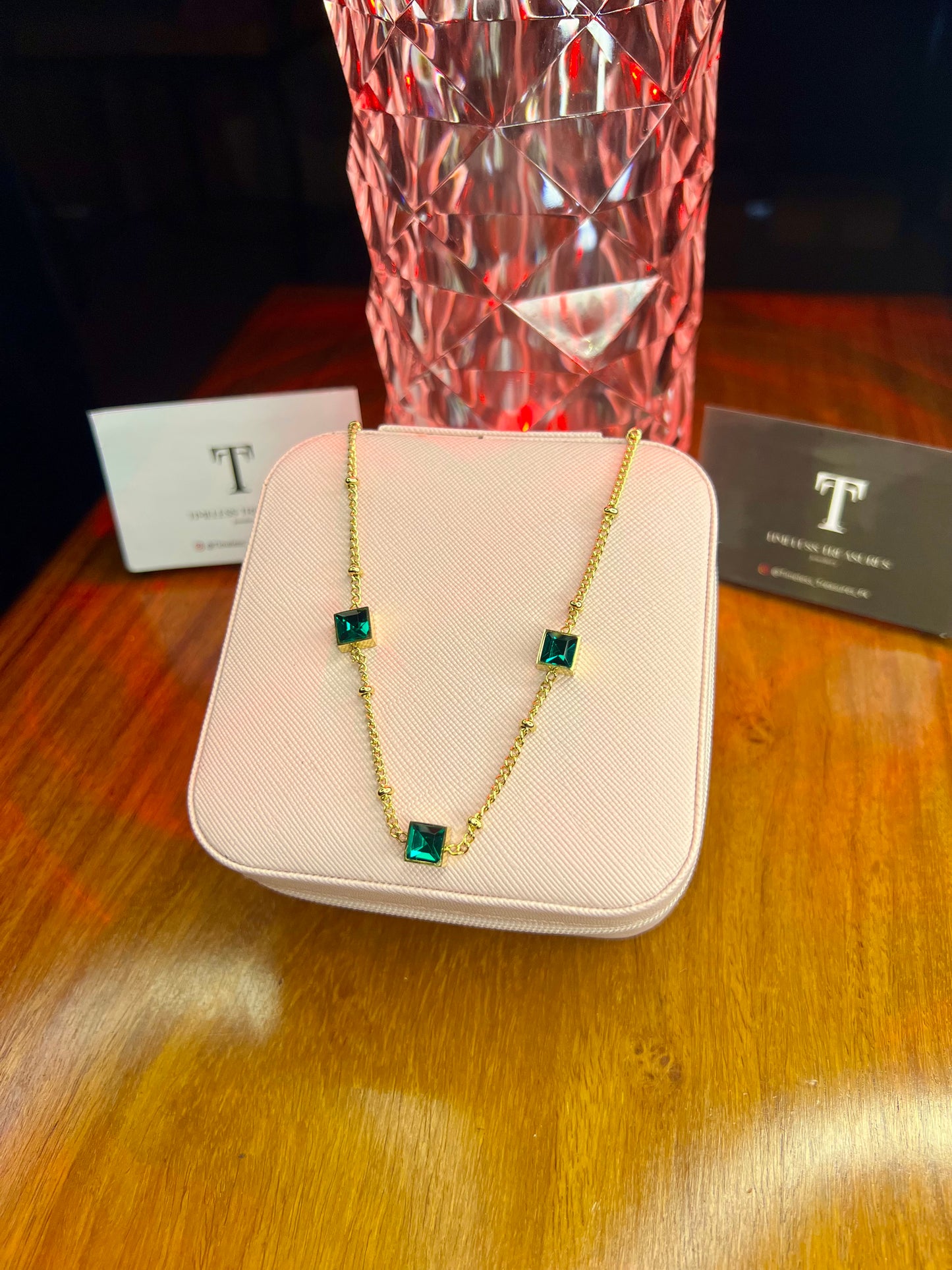 Premium Quality Stainless Steel 18k Emerald Tri Stone Necklace