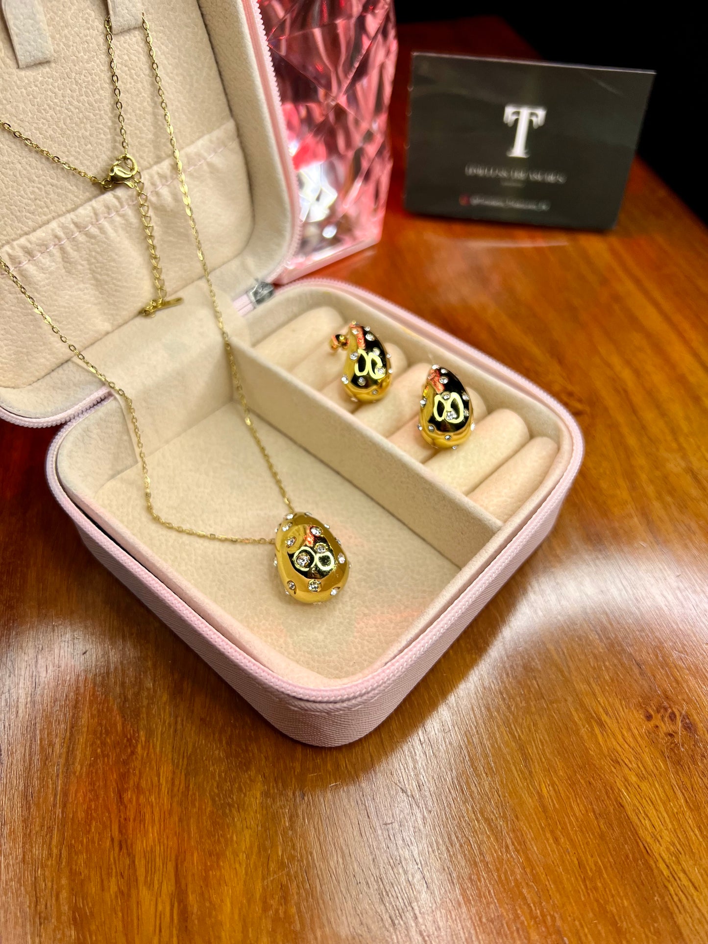 Premium Quality Stainless Steel 18k Drop Zircon Necklace Earring Set