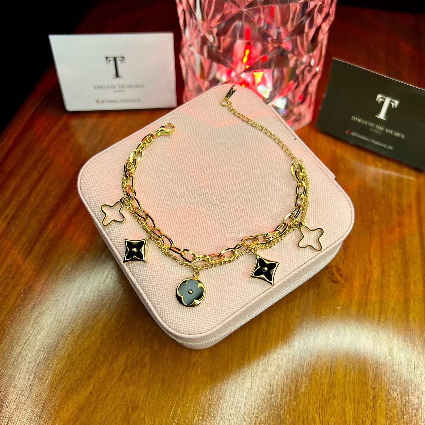 Premium Quality Stainless Steel 18k Black Clove Double Chain Bracelet