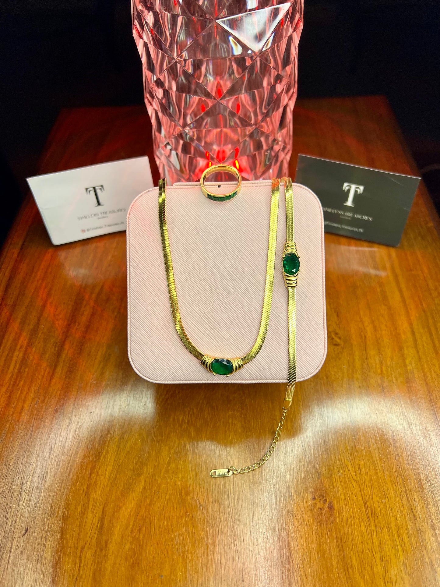 Premium Quality Stainless Steel 18k Green Stone 3pc Set