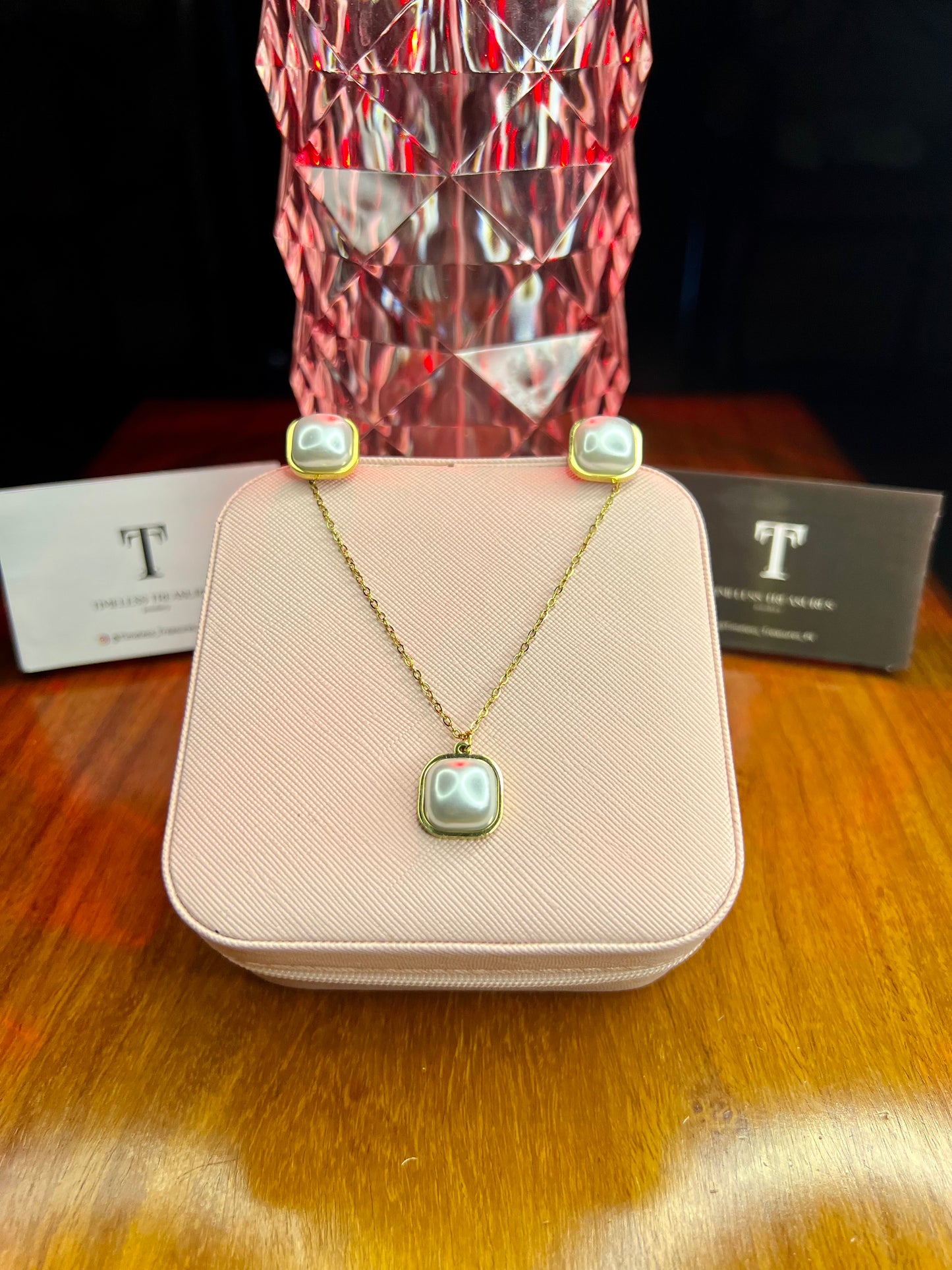 Premium Quality Stainless Steel 18k Pearl Necklace Earring Set