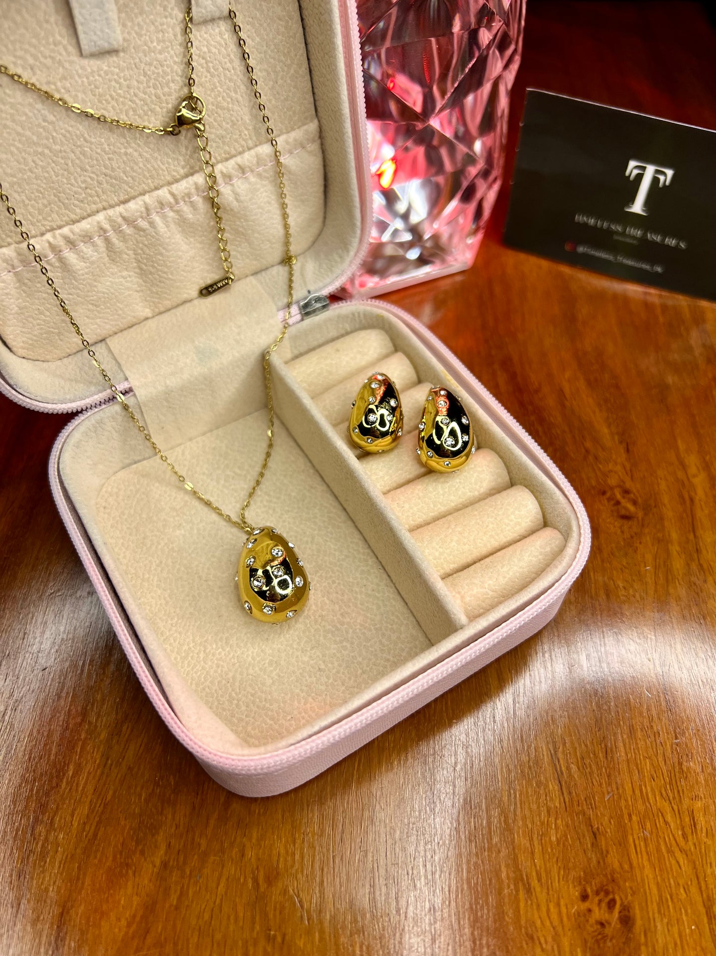 Premium Quality Stainless Steel 18k Drop Zircon Necklace Earring Set